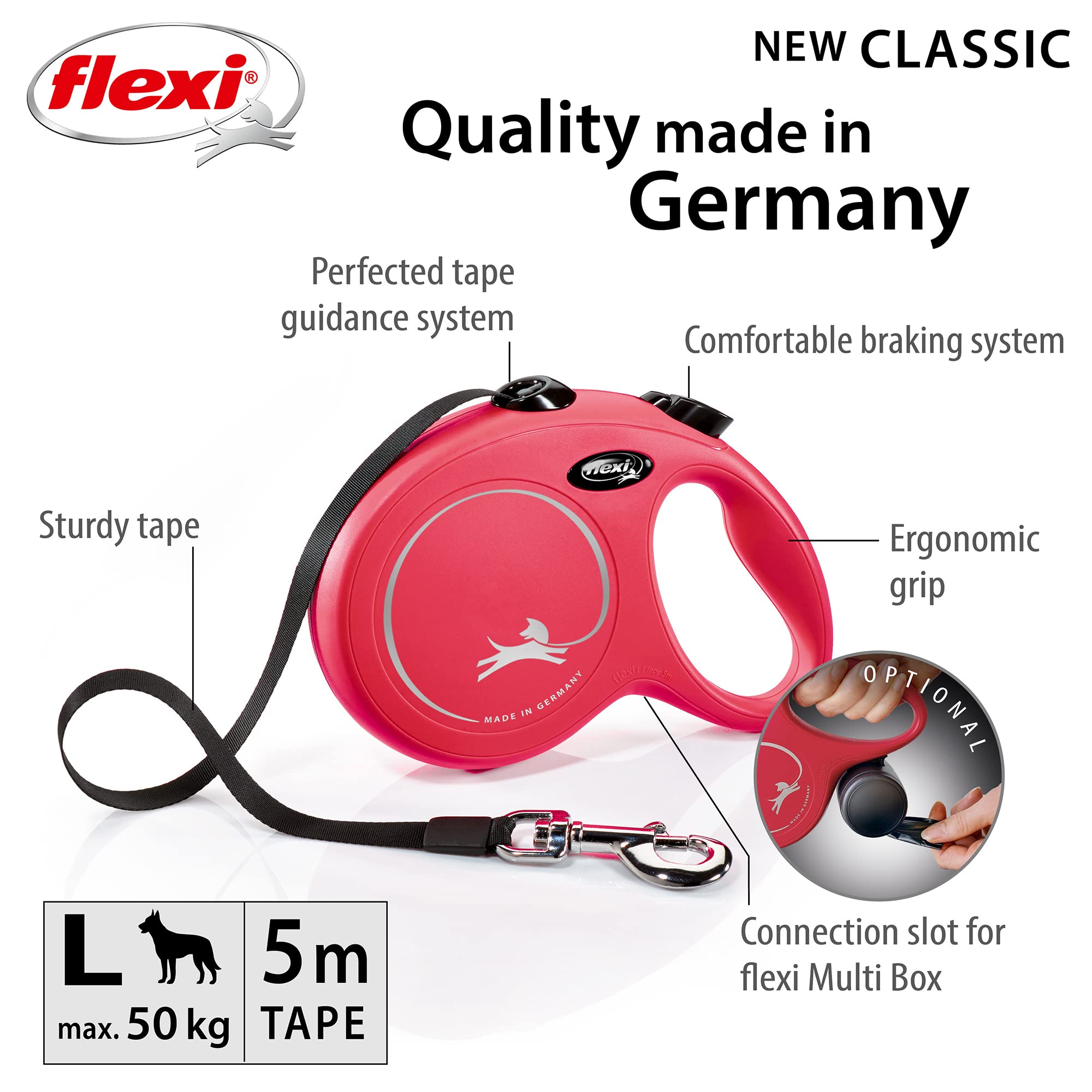 flexi New Classic L Retractable Lead - 5m Tape | Red | Up to 50kg 3