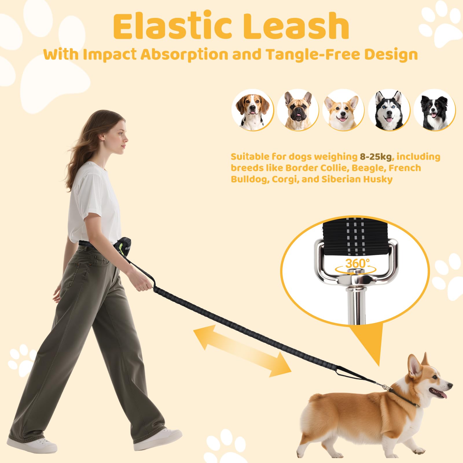Euqvunn Hands Free Dog Lead - Adjustable 1.6m to 2.2m Bungee Leash with Waist Pack 3