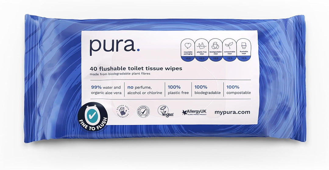 Pura - Flushable Moist Toilet Tissue Wipes 100% Plastic-Free Biodegradable Wet Wipes (40 Count)