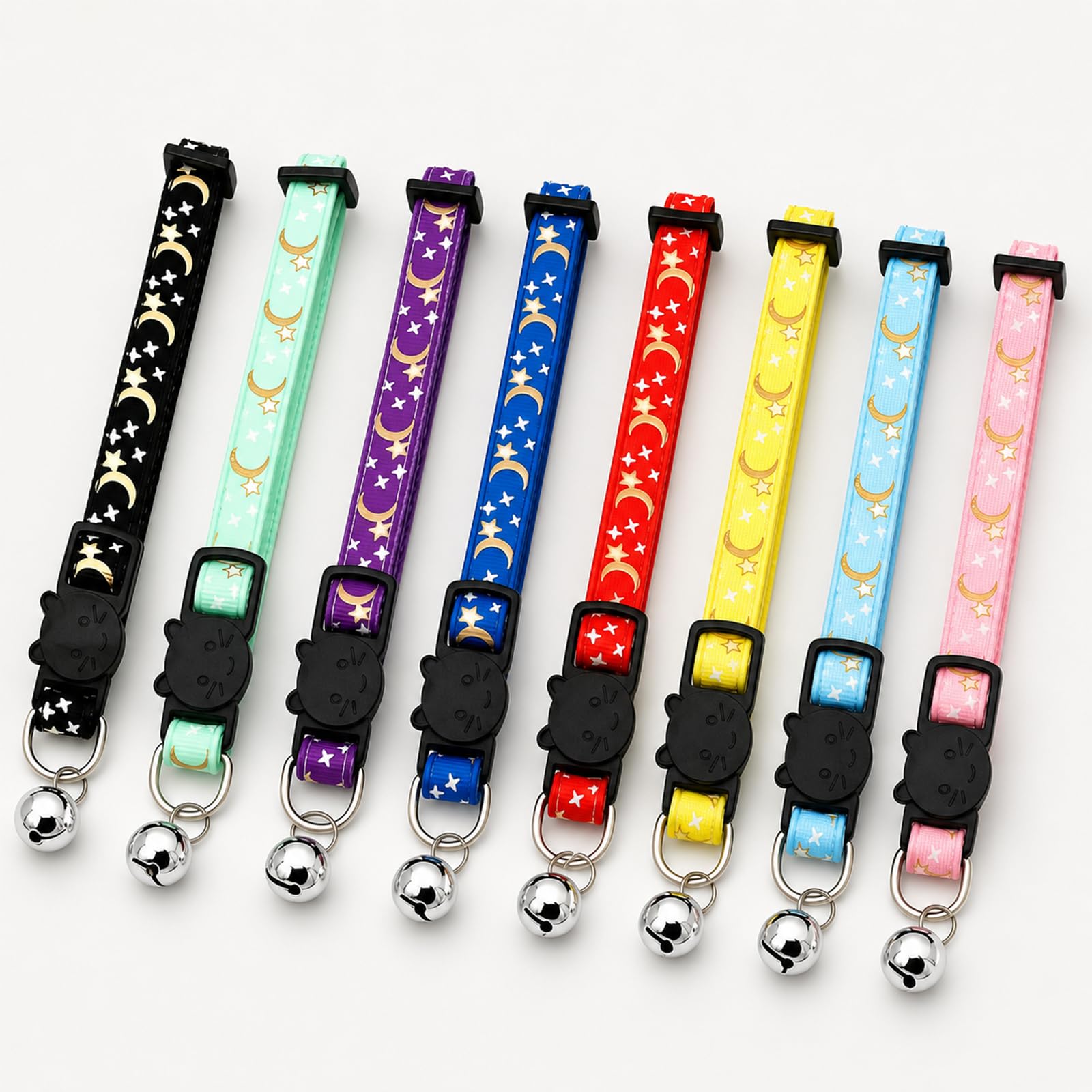 Muexoee Reflective Adjustable Cat Collar with Bell - Moon Star Print, Safety Buckle, Red 7