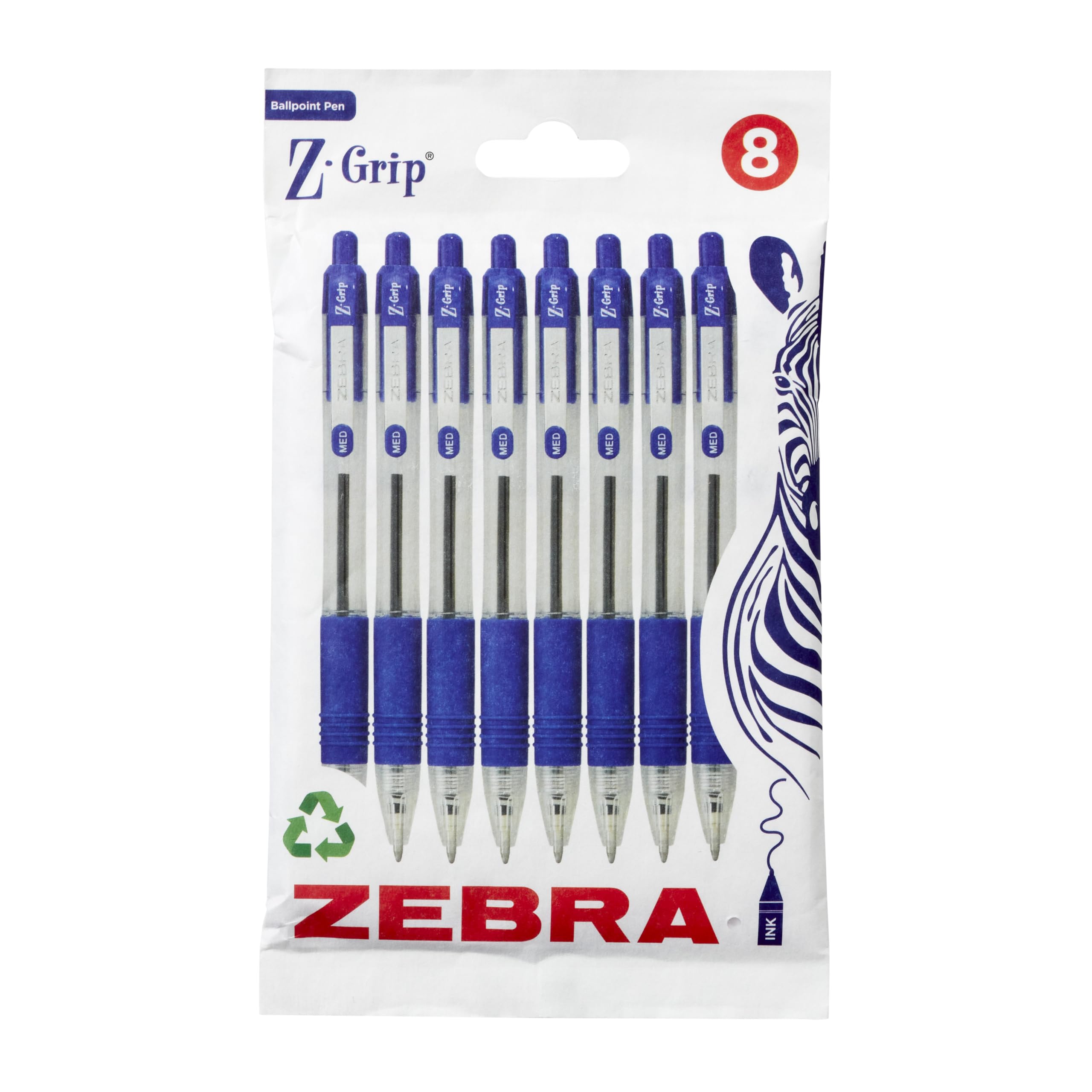 Zebra Pen Z Grip Retractable Ballpoint Pens - Blue Ink, Comfort Grip, Pocket Clip | 8 Pack 1