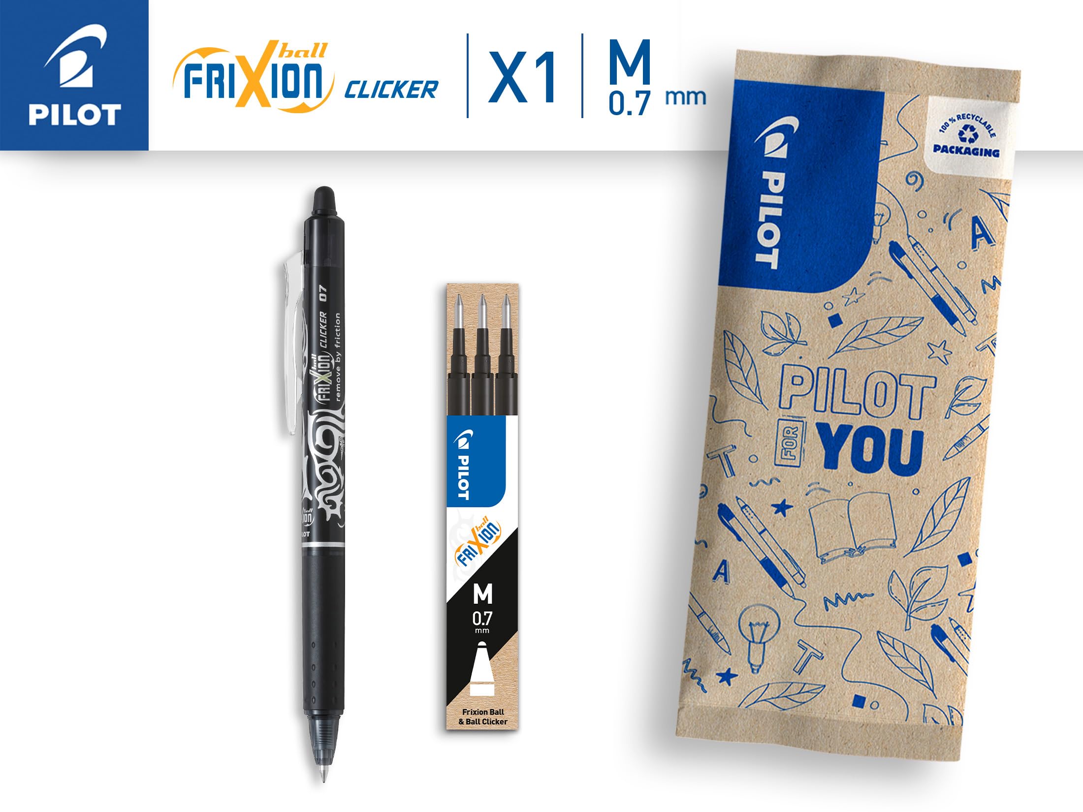PILOT Flow Pack FriXion Ball Clicker 07 X1 Black - Set of 3 Black Gel Ink Rollerball Refills 3