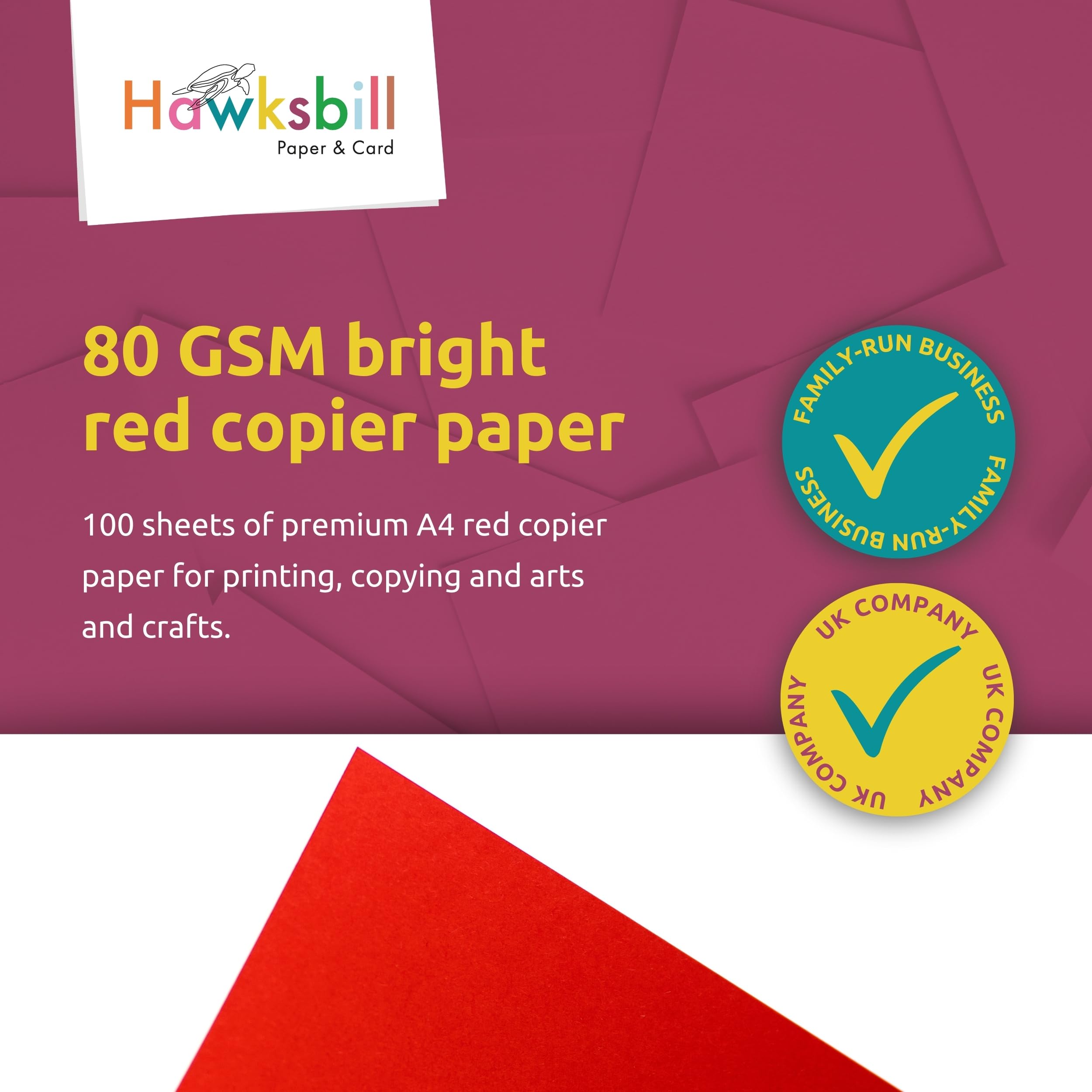 Hawksbill Bright Red Copy Paper - 80 GSM A4, 100 Sheet Pack | Smooth Surface, Dyslexia-Friendly 2