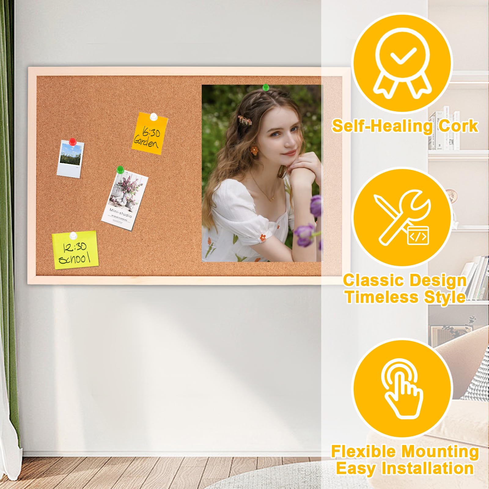 ASelected Cork Bulletin Board - 60 x 40 cm Natural Wood Frame | Wall Mountable | Includes Pins 3