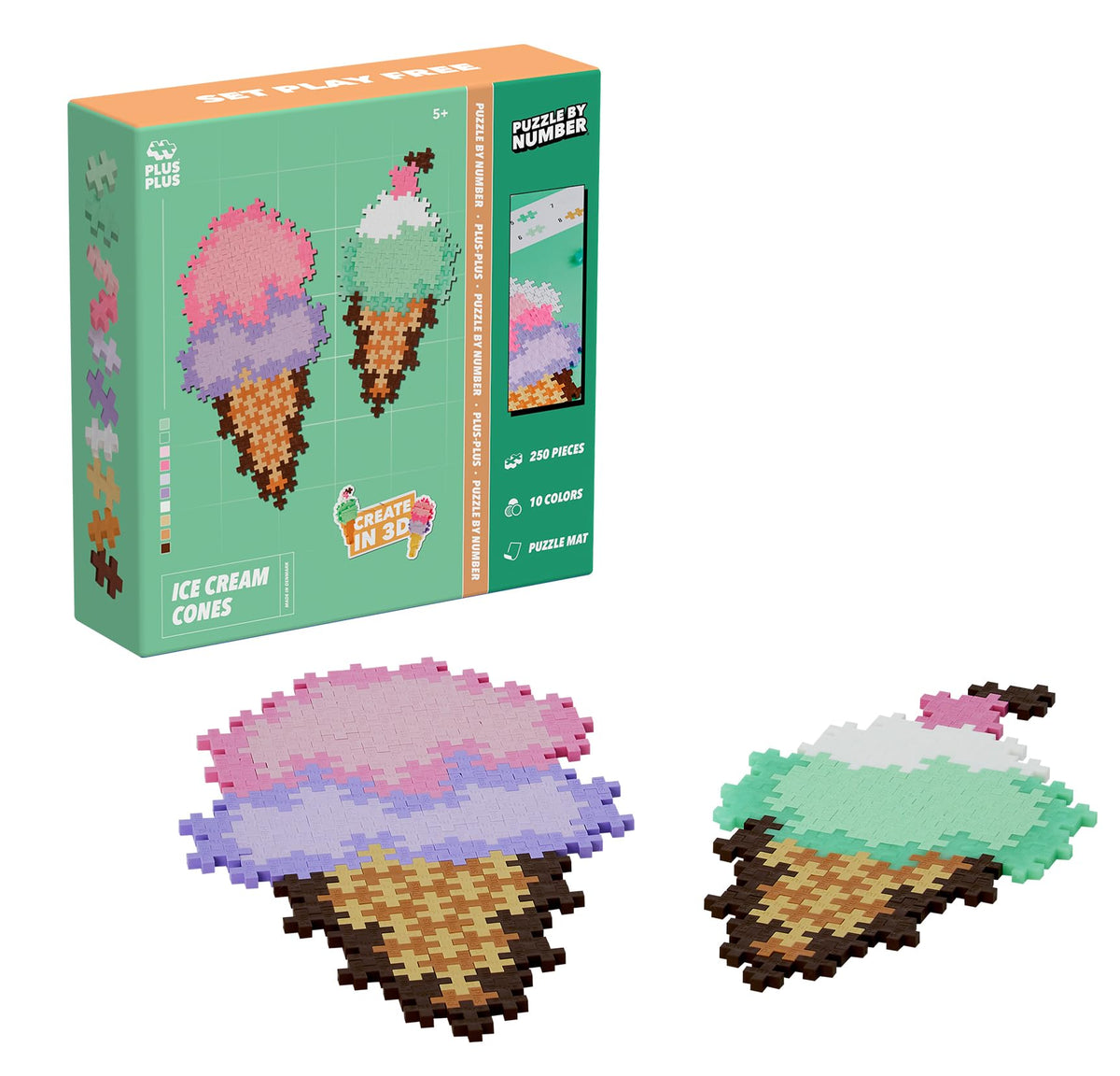 PLUS PLUS Building Blocks Toy Puzzle by Number Ice Cream Cones - 250 Pieces, Age 5+