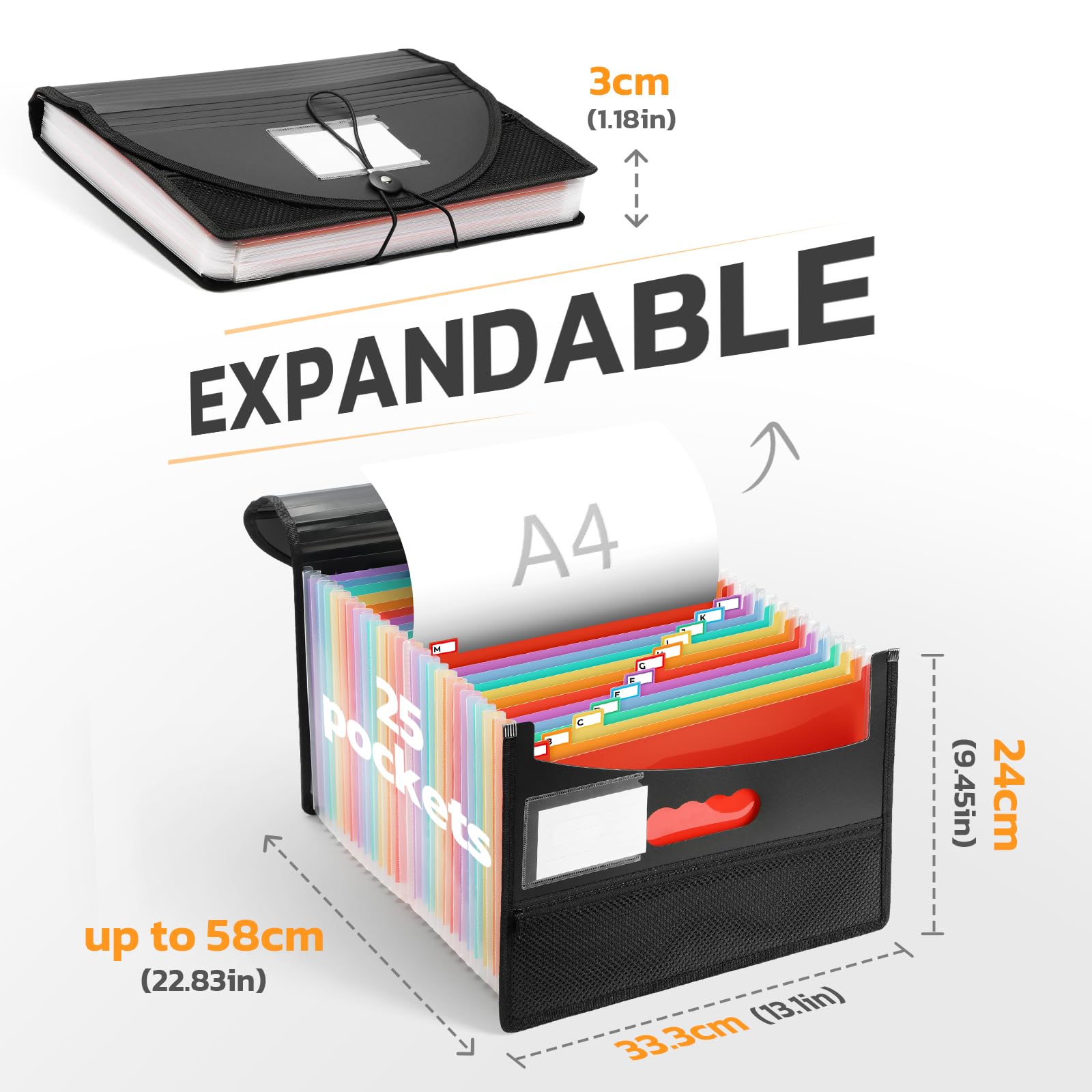 Euqvunn Expanding File Folder - 25-Pocket Accordion Organizer | A4 Size | Black PP