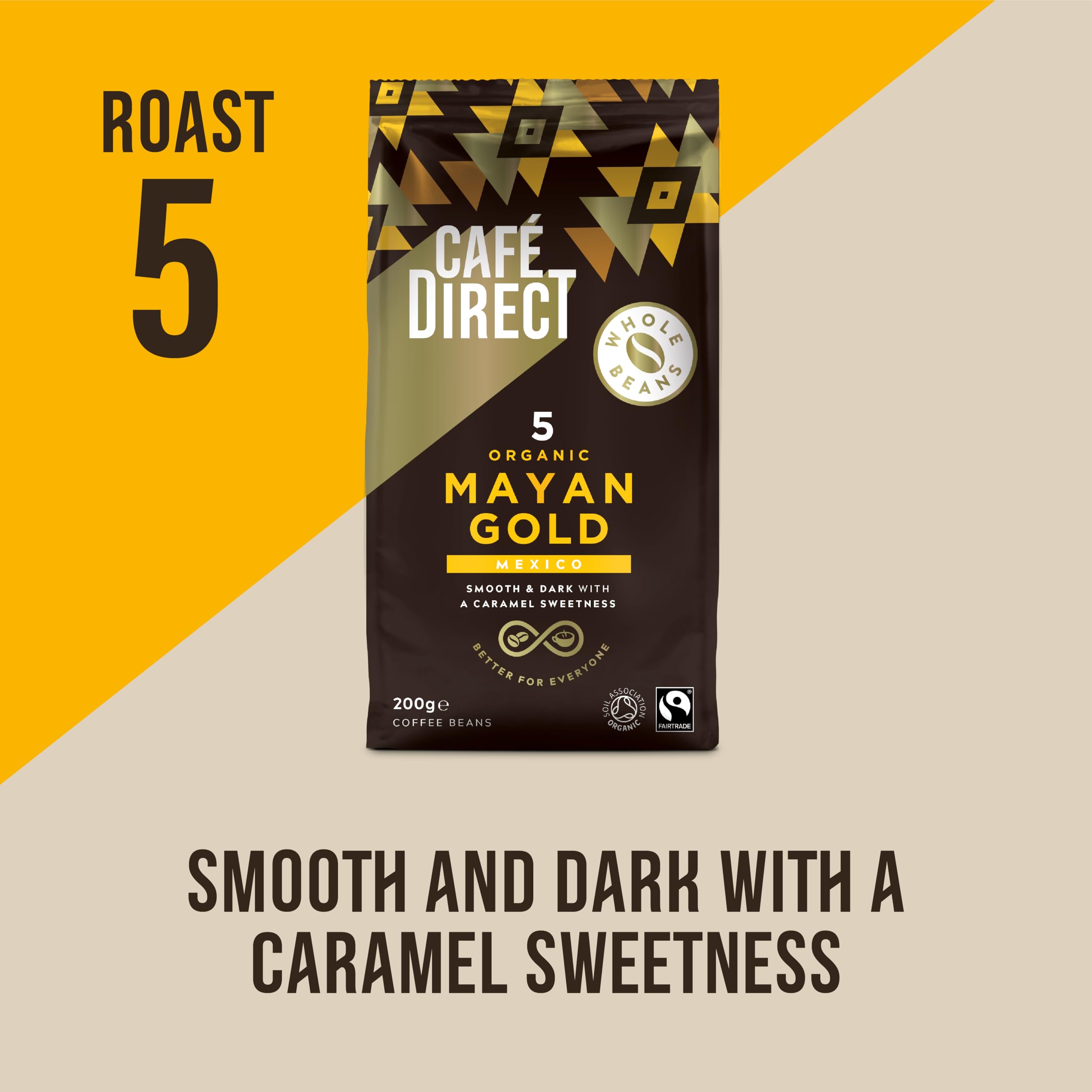 Café Direct Mayan Gold Organic Whole Coffee Beans - Dark Roast, Caramel Notes | 200g Pack of 6
