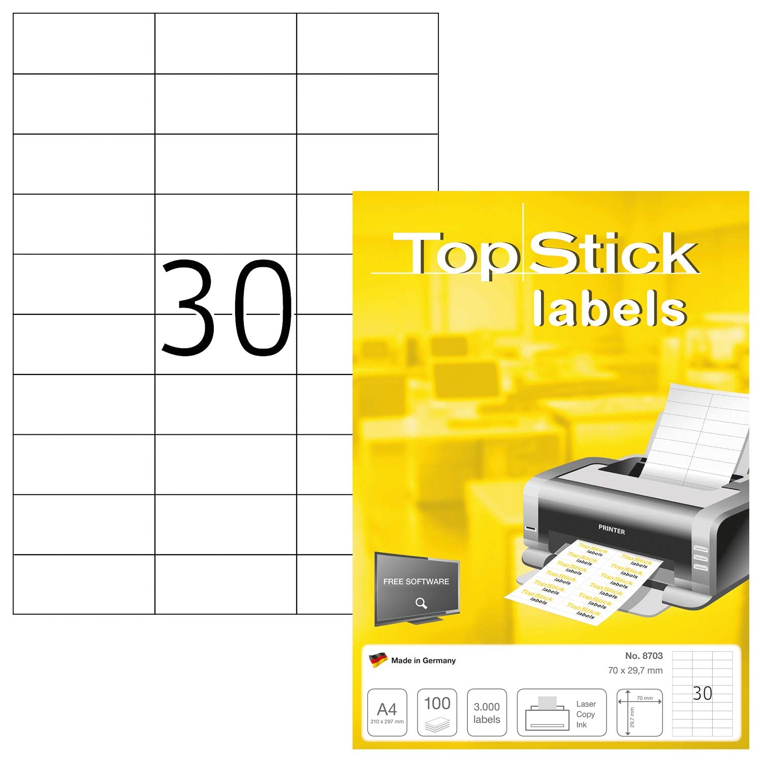TopStick 8703 Multi-Purpose Printer Labels - 70 x 29.7 mm, White, 3000 Labels (100 Sheets)