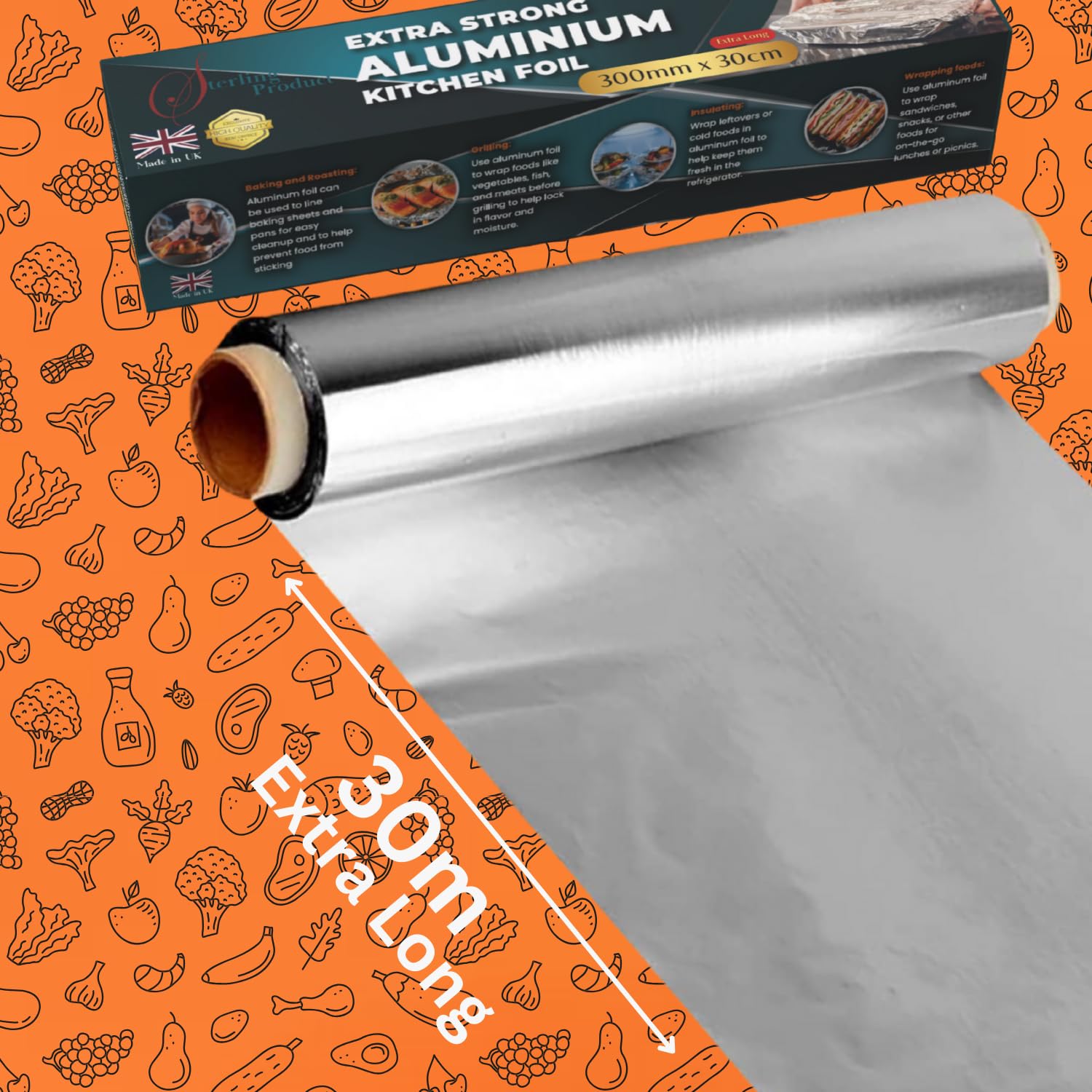 STERLING PRODUCTS Heavy Duty Aluminum Foil Roll - Extra Long 30m x 30cm for Cooking & Storage 3