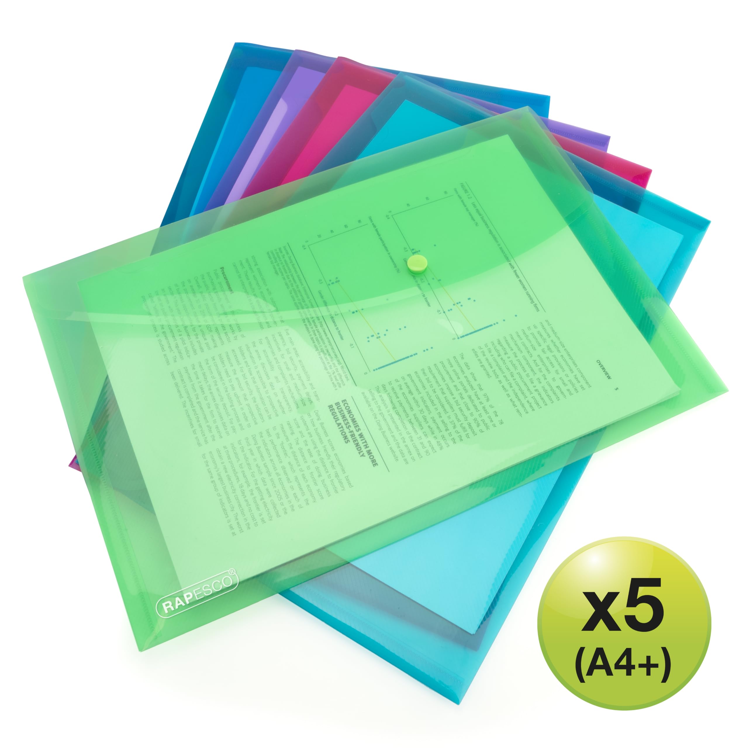 RAPESCO 1839 ECO Recycled Popper Wallets - A4+, Assorted Bright Transparent, Pack of 5 2