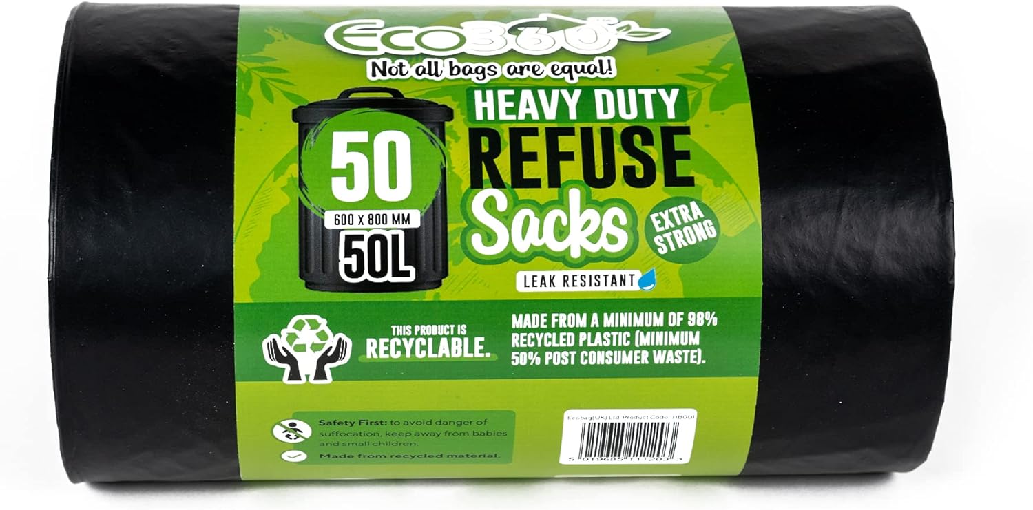 EcoBag Heavy Duty 50L Refuse Sacks Black 600 x 800mm 50 Pack 1