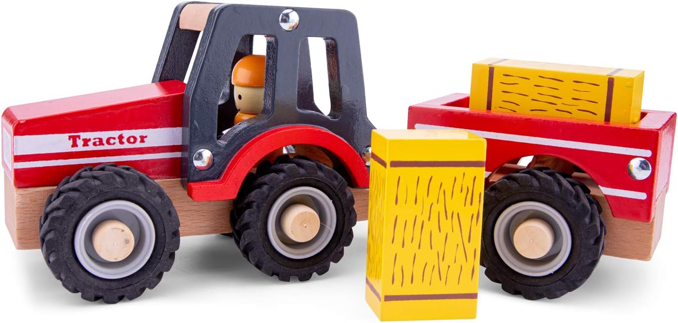 New Classic Toys Wooden Tractor with Trailer and Hay Stacks - Educational Farm Vehicle for Toddlers 18 Months+ 9