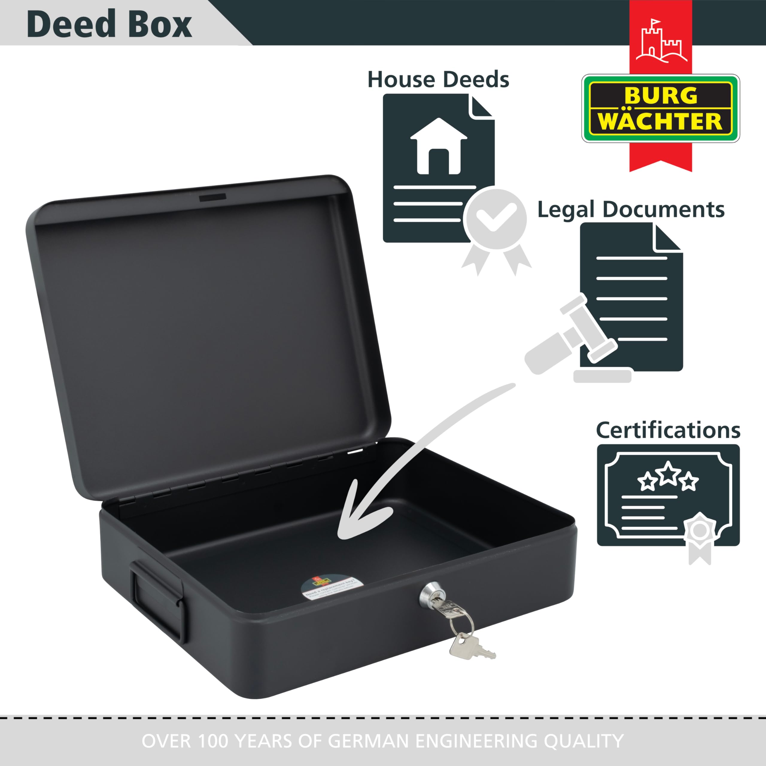 Sterling DB01 Deed Box - 12 Inch Capacity | Black Powder Coated Steel | Lockable 3