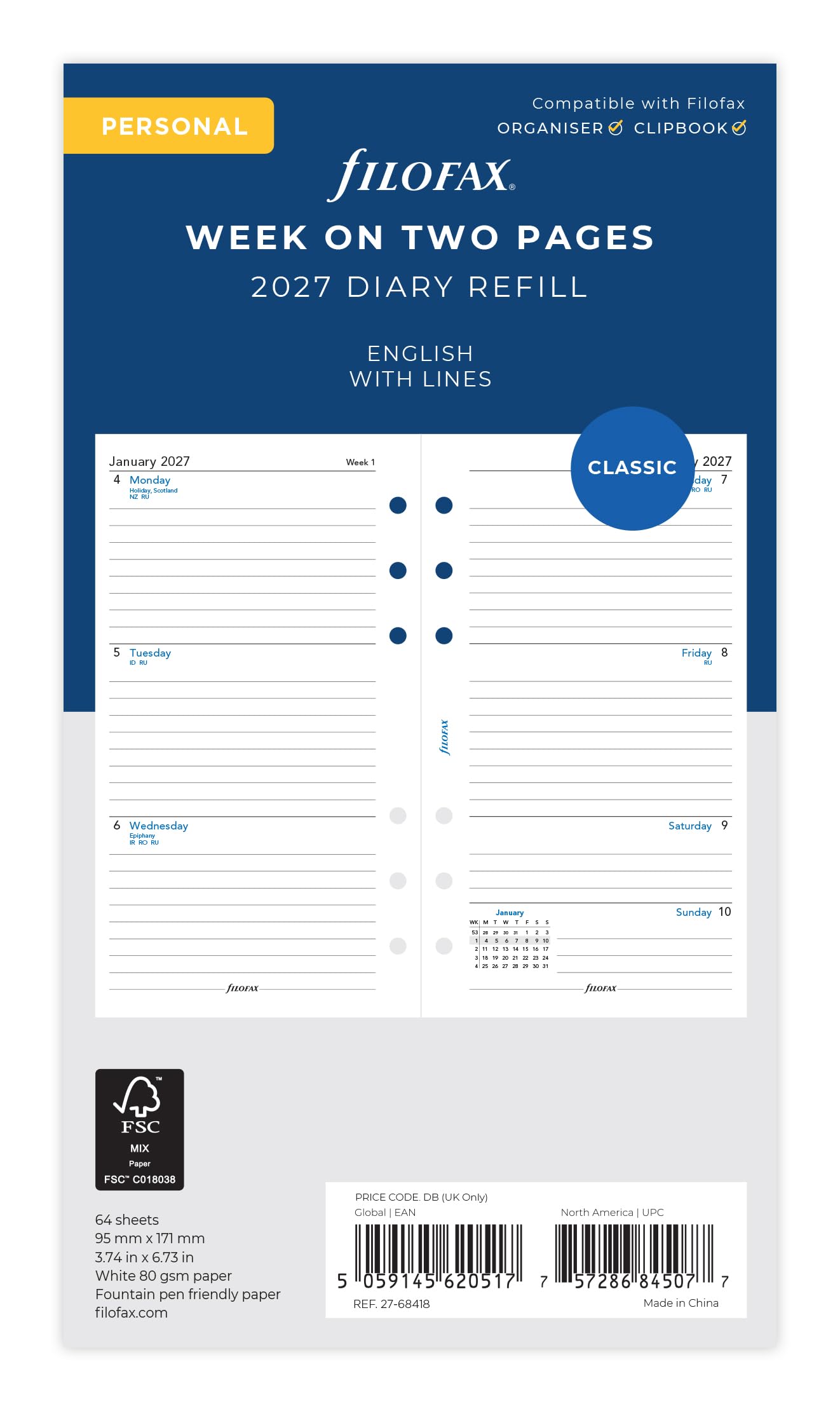 Filofax Personal Organiser Refill - 2027 Diary Week on Two Pages Lined | 95mm x 171mm 1