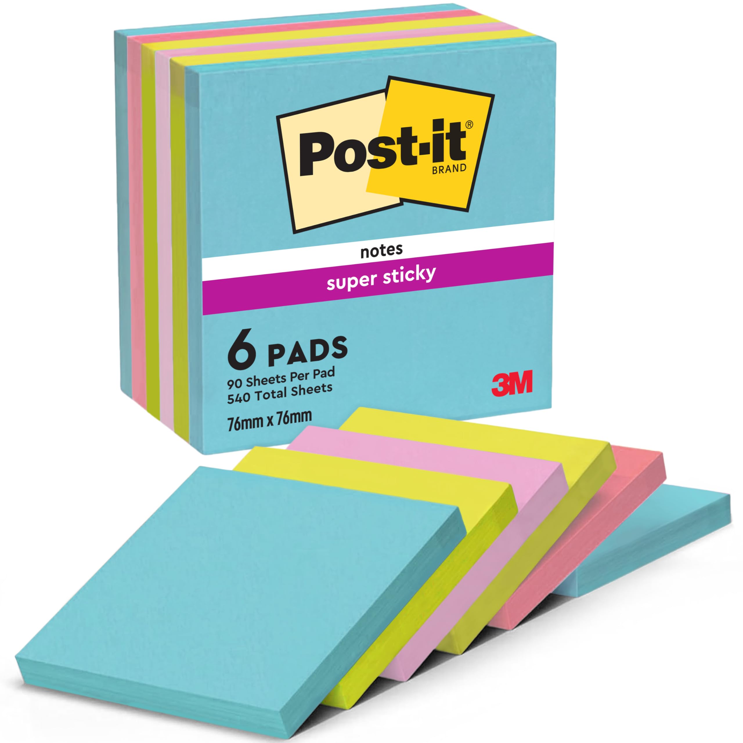 Post-it Super Sticky Notes - Cosmic Colour Collection | 76x76mm | 6 Pads of 90 Sheets