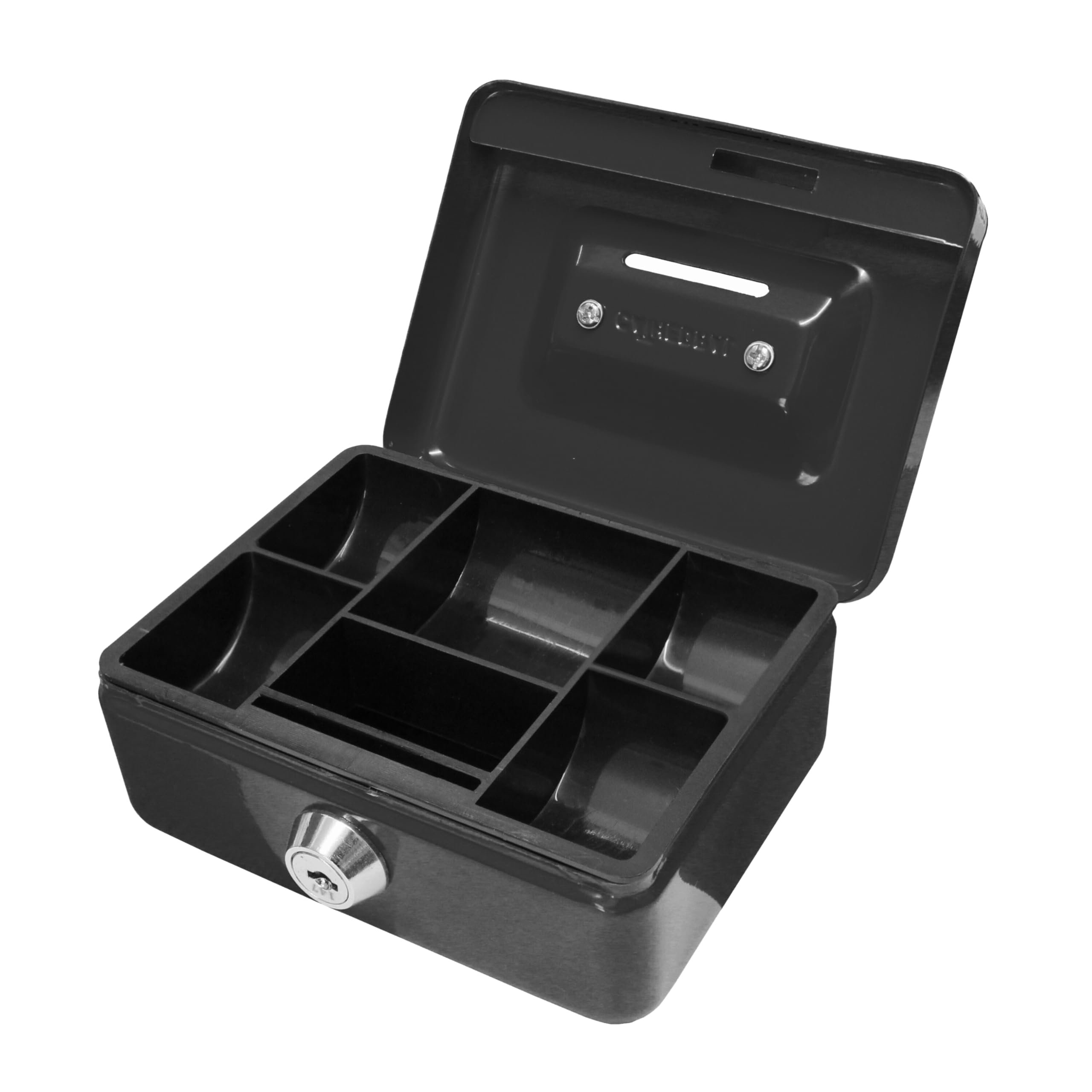 Cathedral Products Key Lockable Cash Box with 6 Compartment Coin Tray - Black | Powder Coated Steel