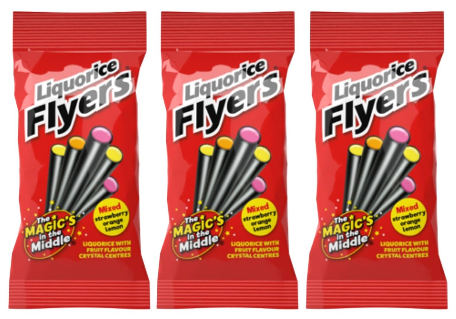 Stockley's Liquorice Flyers - Chewy Liquorice Sticks with Fruity Crystal Centres | 75g Letterbox Packs | 3 Count