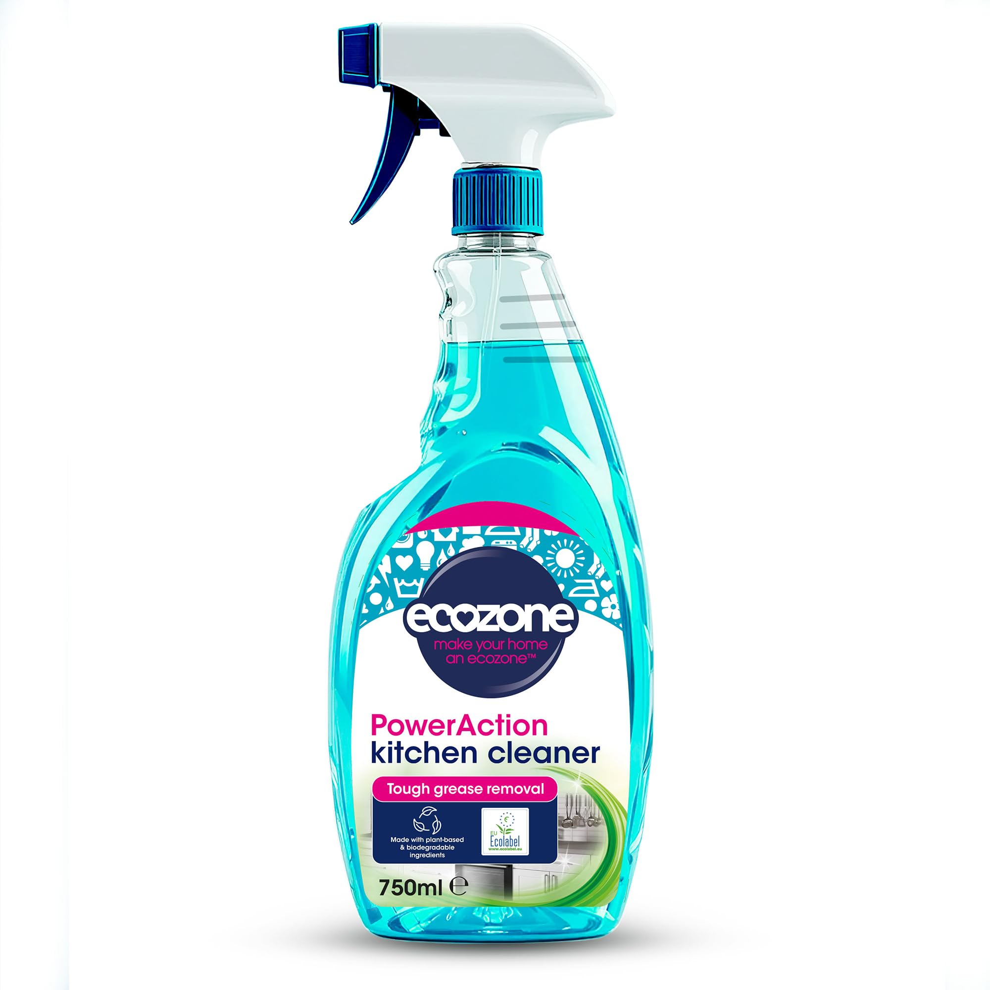 Ecozone PowerAction Kitchen Cleaner - Powerful Degreaser, 750ml | Plant-Based Formula | EU Ecolabel Certified
