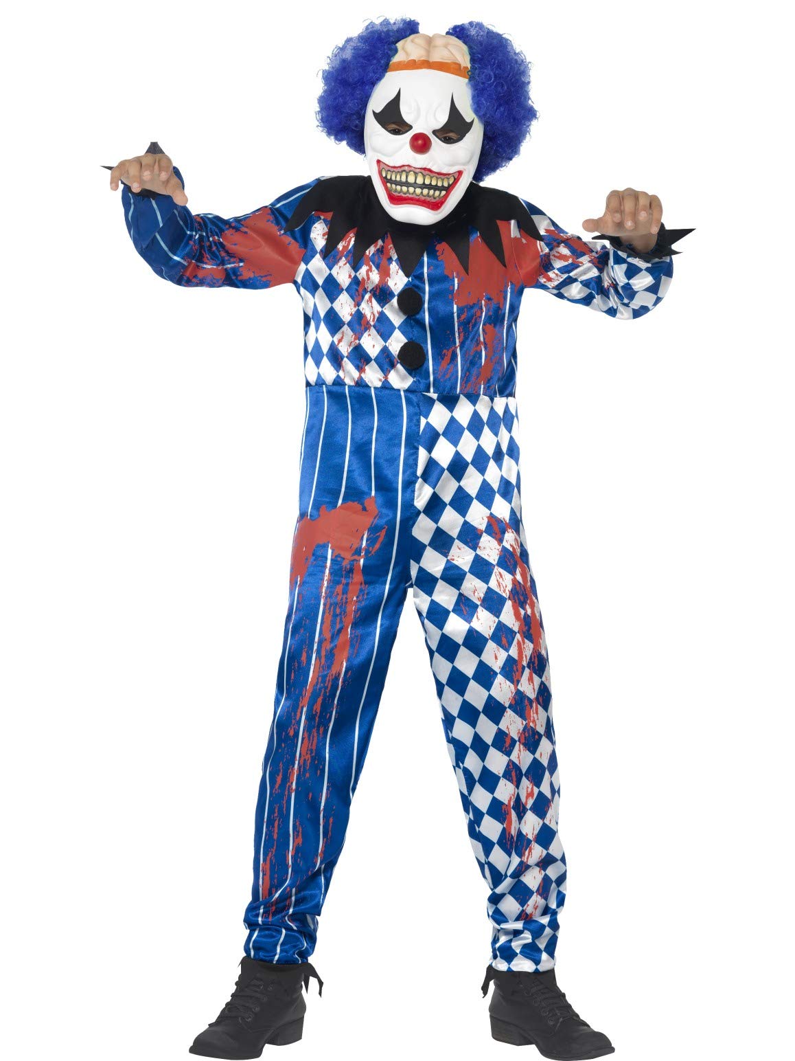 Smiffys Deluxe Sinister Clown Costume - Blue Jumpsuit with EVA Mask, Attached Brain & Hair, Ages 7-9