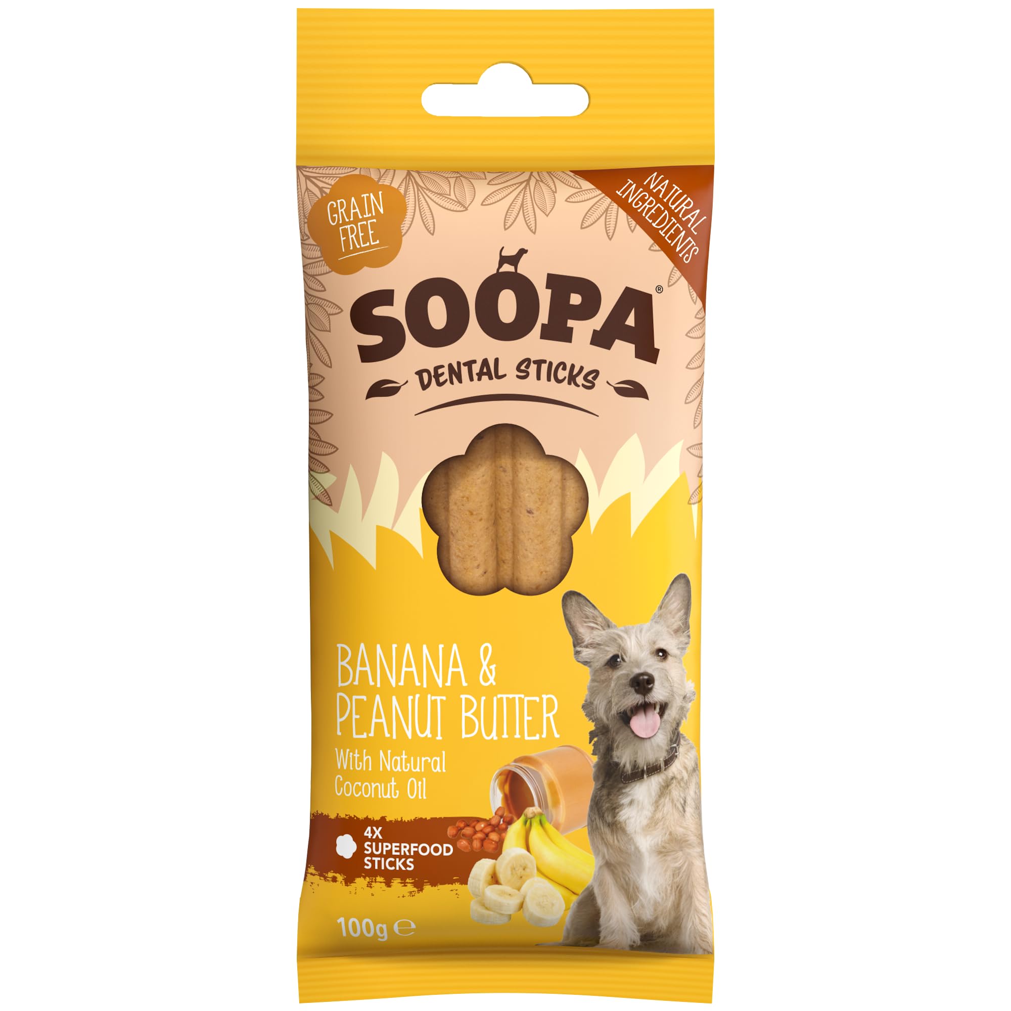 Soopa Grain Free Banana & Peanut Butter Dental Dog Treats - 4 Sticks | Low Fat