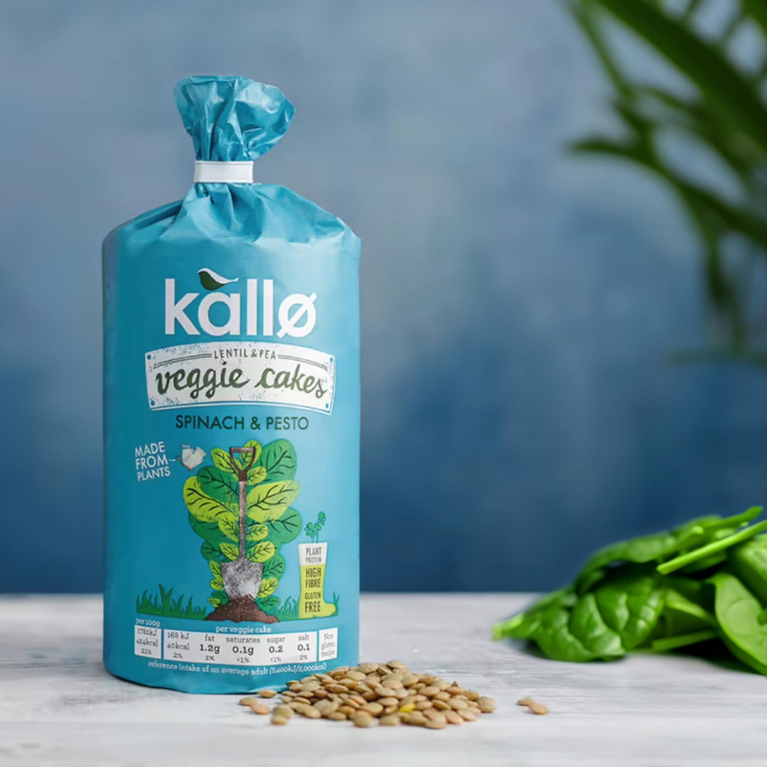 Kallo Spinach & Pesto Veggie Cakes, Lentil & Pea Puffed Crackers Made From Plant