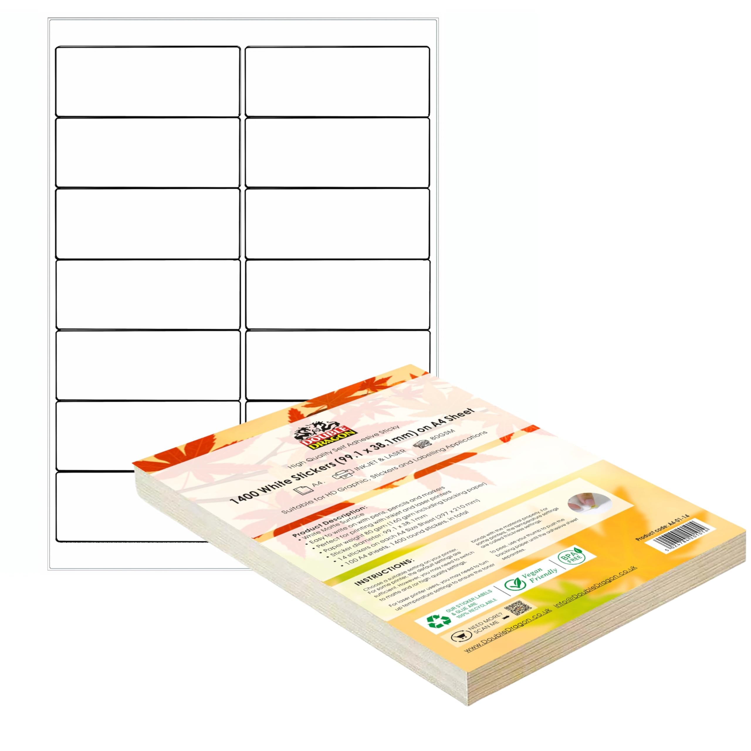 Double Dragon A4 Self Adhesive Address Labels, 1400 Labels, 100 Sheets, Matte White 1