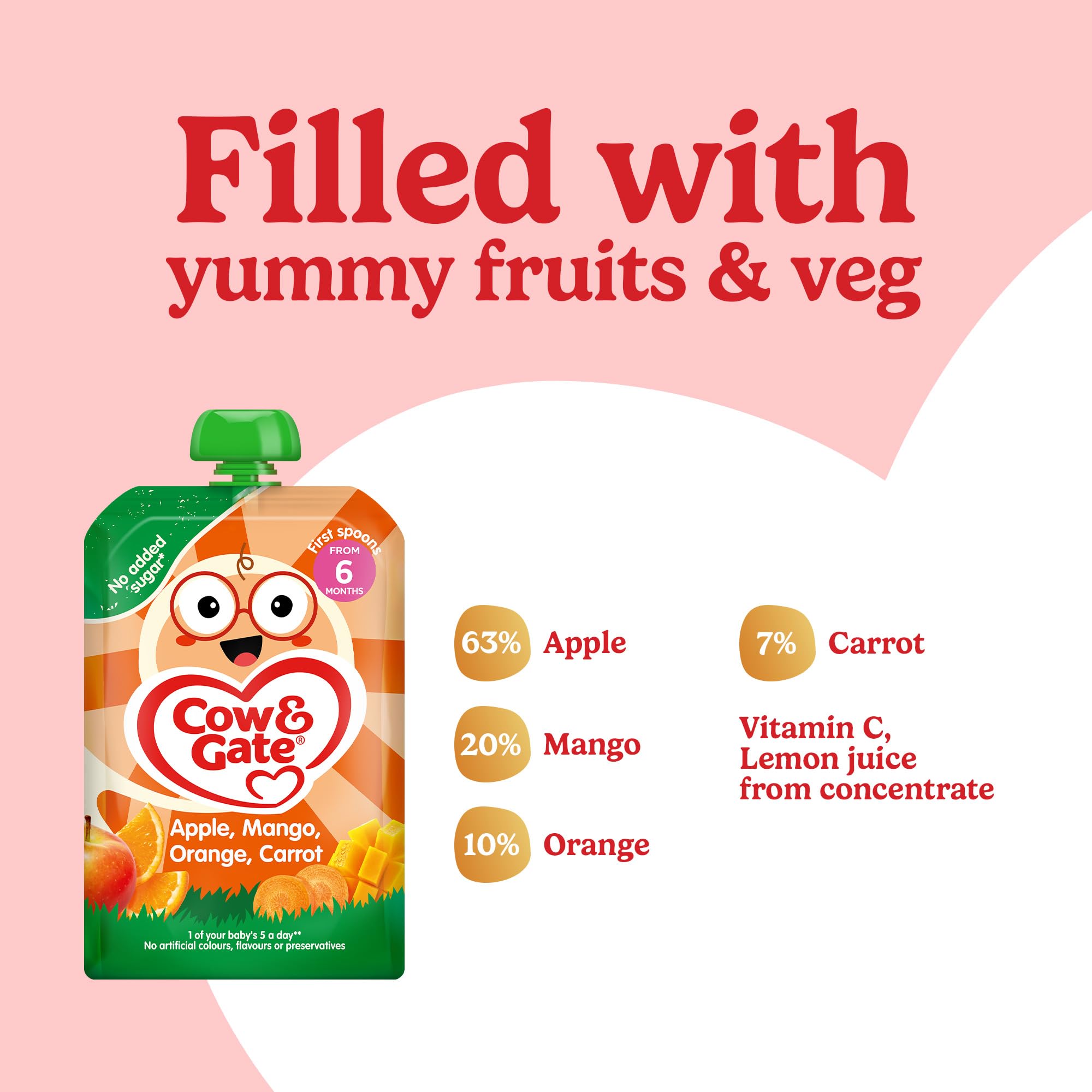 Cow & Gate Apple Mango Orange & Carrot Baby Food Pouch - 6+ Months, 6x100g 3
