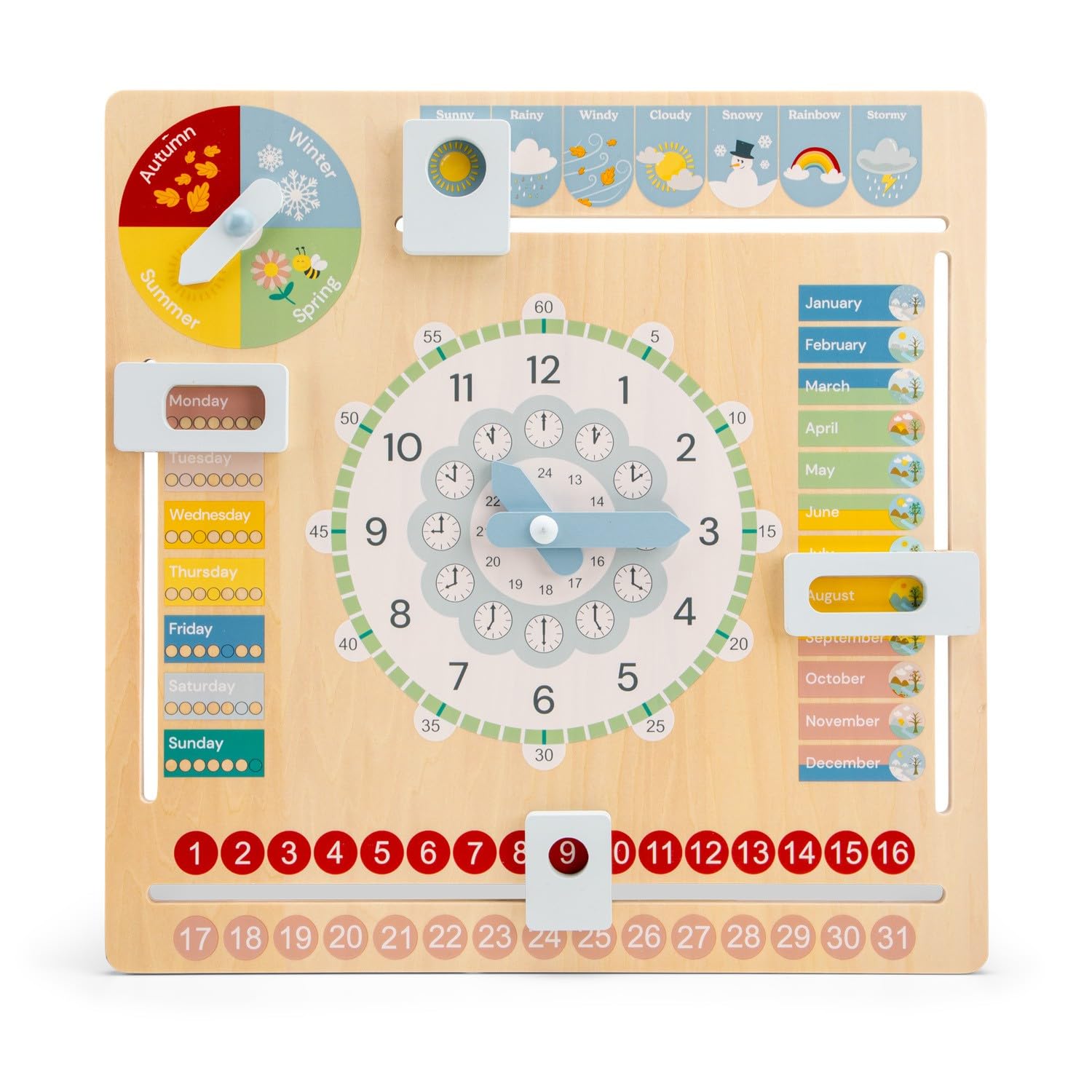 New Classic Toys Wooden Calendar Clock for Teaching Time, Seasons, and Weather