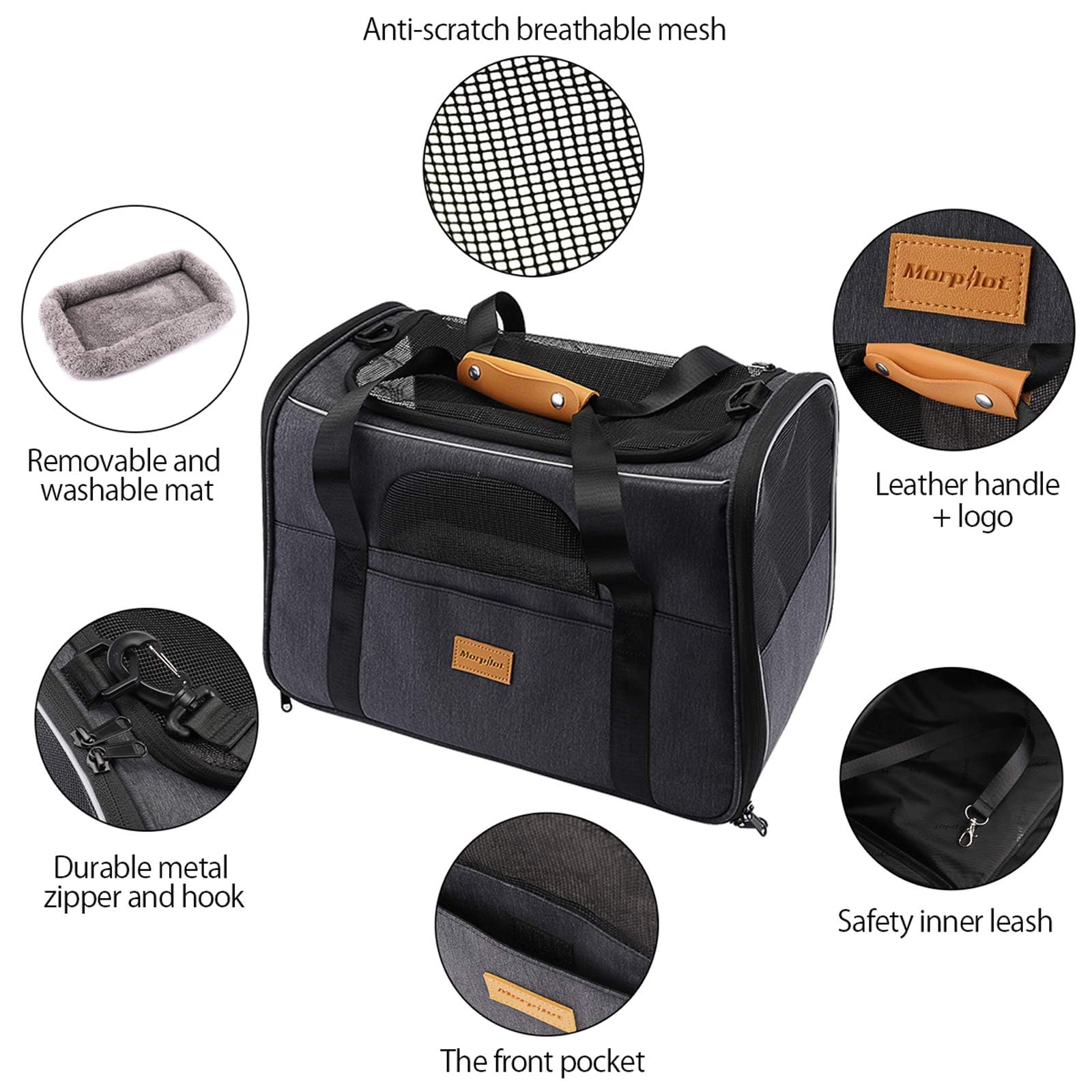 morpilot Airline Approved Soft-Sided Pet Carrier - Grey | 47x32x36 cm | Up to 9kg