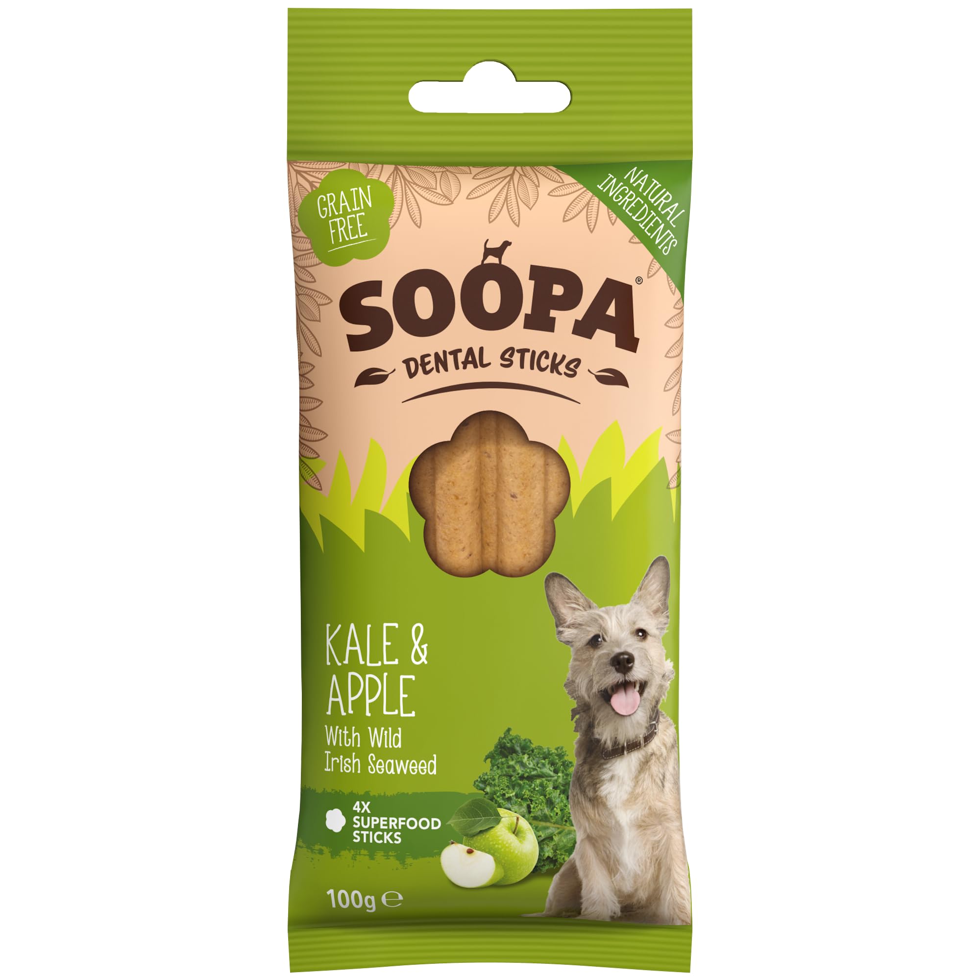 Soopa Kale and Apple Dental Sticks Dog Treat - 100g Pack | Low Fat | Hypo-allergenic