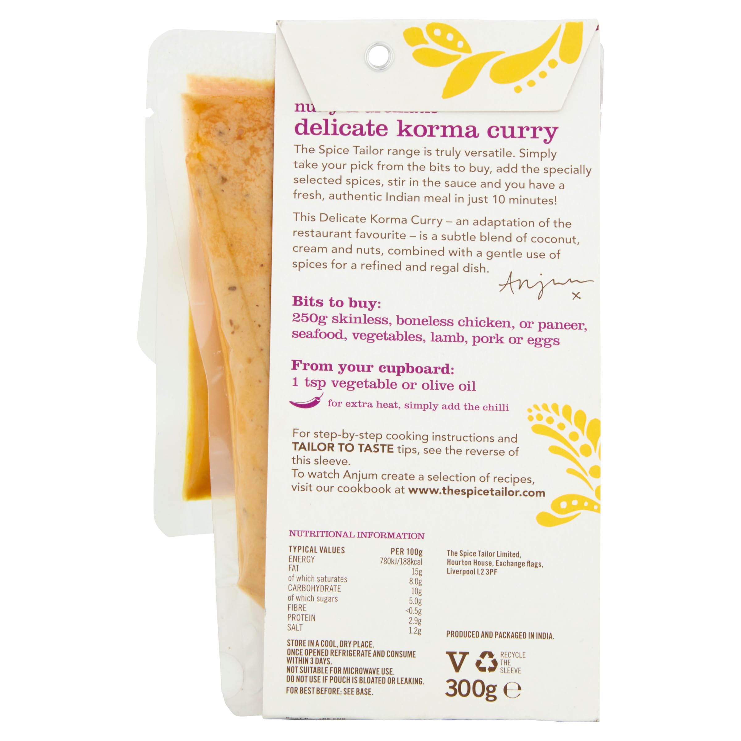 The Spice Tailor Classic Korma Curry Sauce Meal Kit - Mild & Aromatic | Serves 2-3 | 300g