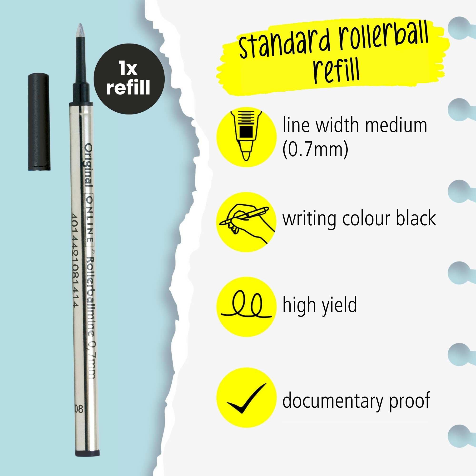 Online Rollerball Pen Refill - Black Ink, 0.7mm Line Width, ISO 14145-2 Certified