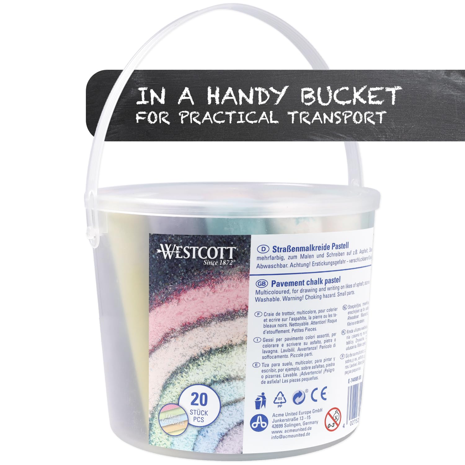 Westcott Pavement Chalk - 20 Colorful Pastel Pieces in Carrying Bucket | Non-Toxic, Washable 5