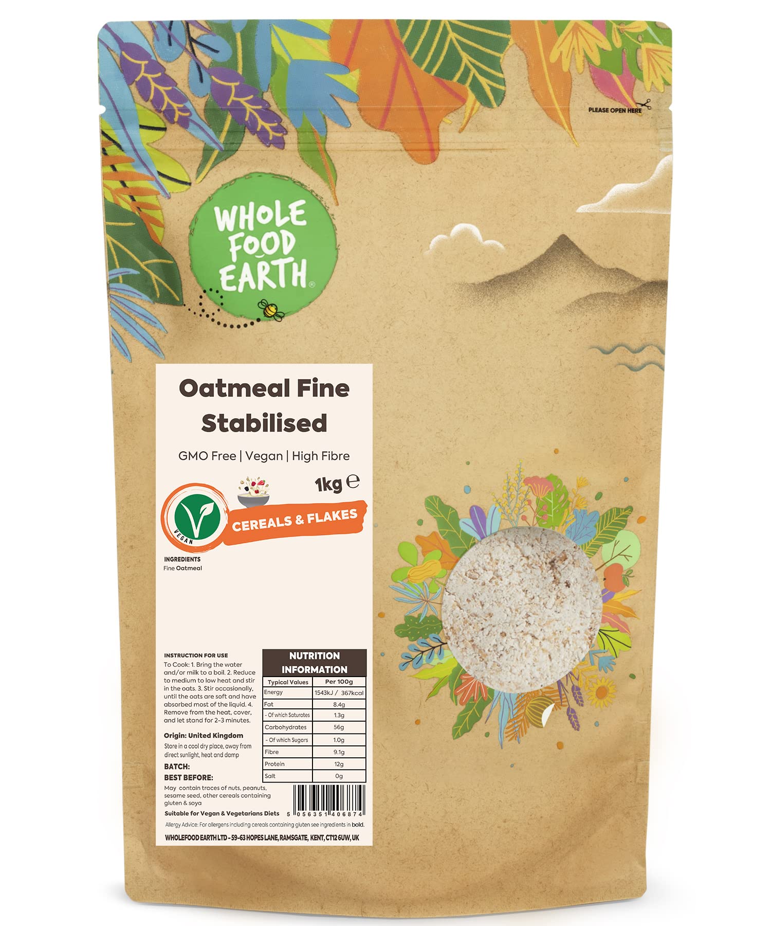 Wholefood Earth Fine Stabilised Oatmeal - 1kg Bag | High Fibre | GMO Free 1