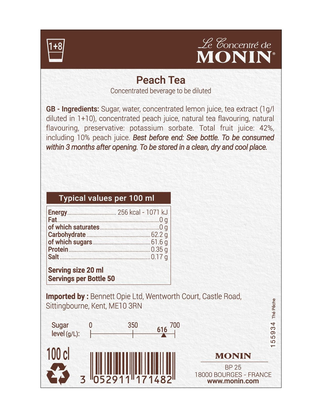 MONIN Premium Peach Tea Concentrate 1L - Vegan, Allergen-Free, Natural Flavours for Iced & Hot Teas