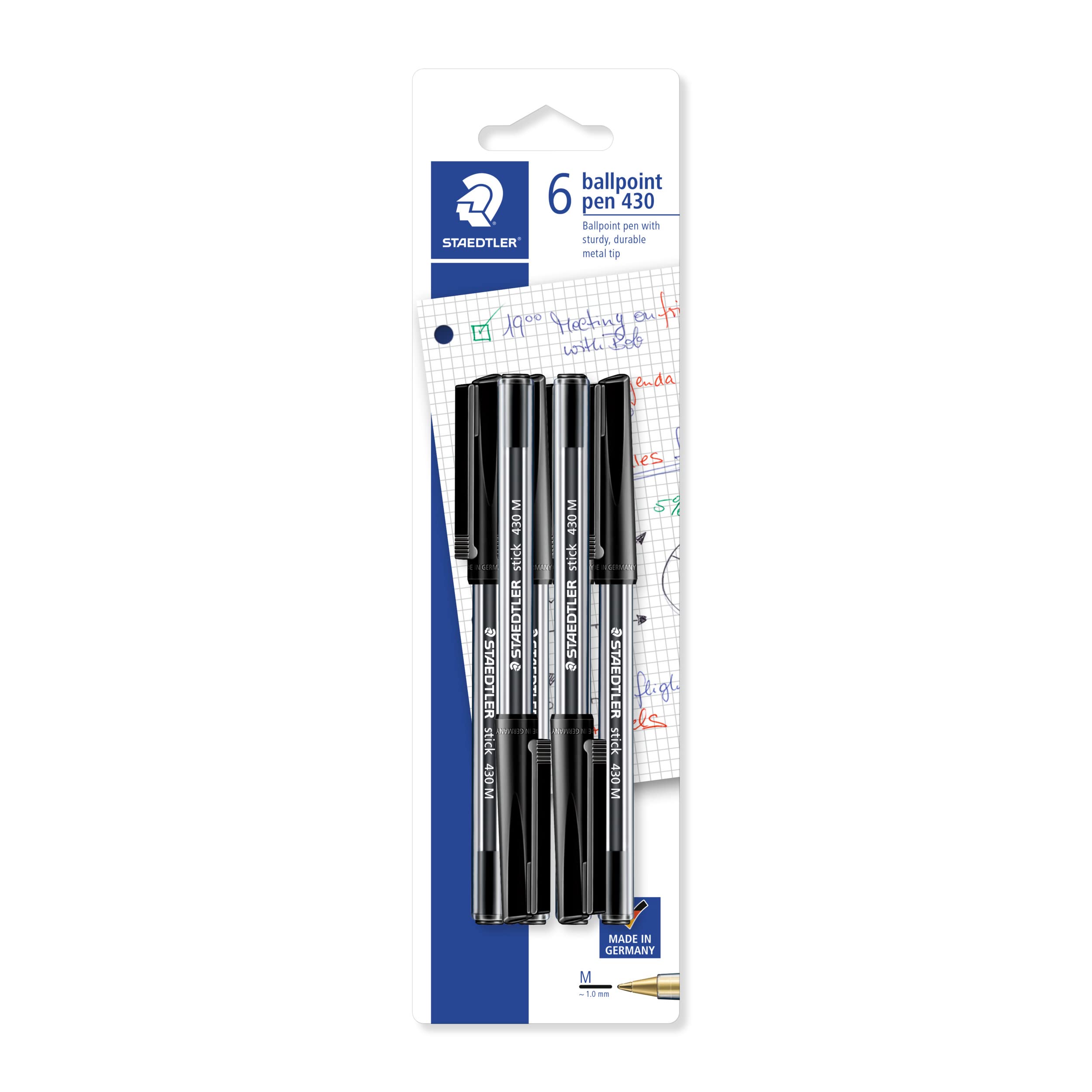 STAEDTLER Stick 430 Medium Ballpoint Pen - Black Ink, Medium Linewidth, Pack of 6