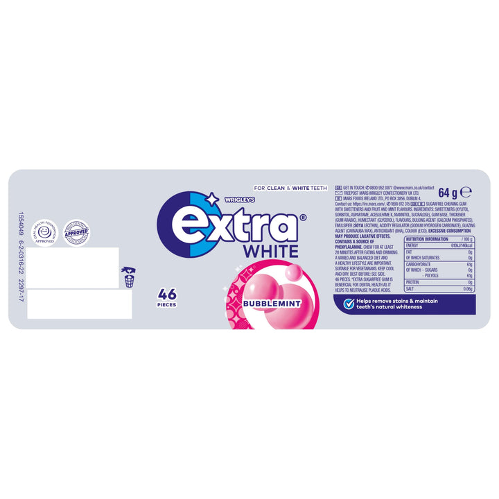 Extra - White Bubblemint Chewing Gum (46 Pieces, Sugar Free with Xylitol)