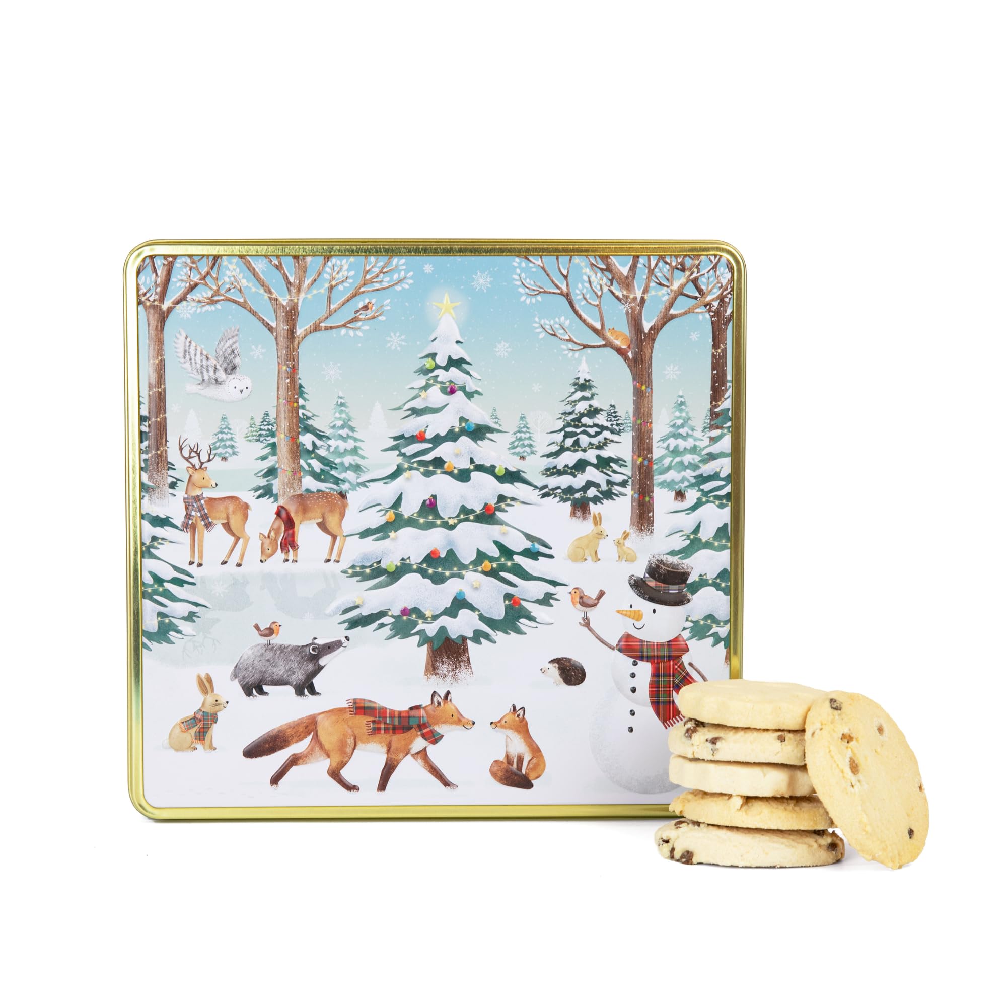 The Silver Crane co. Festive Forest Square Christmas Biscuits Tin with 3 Scottish Shortbread Flavors