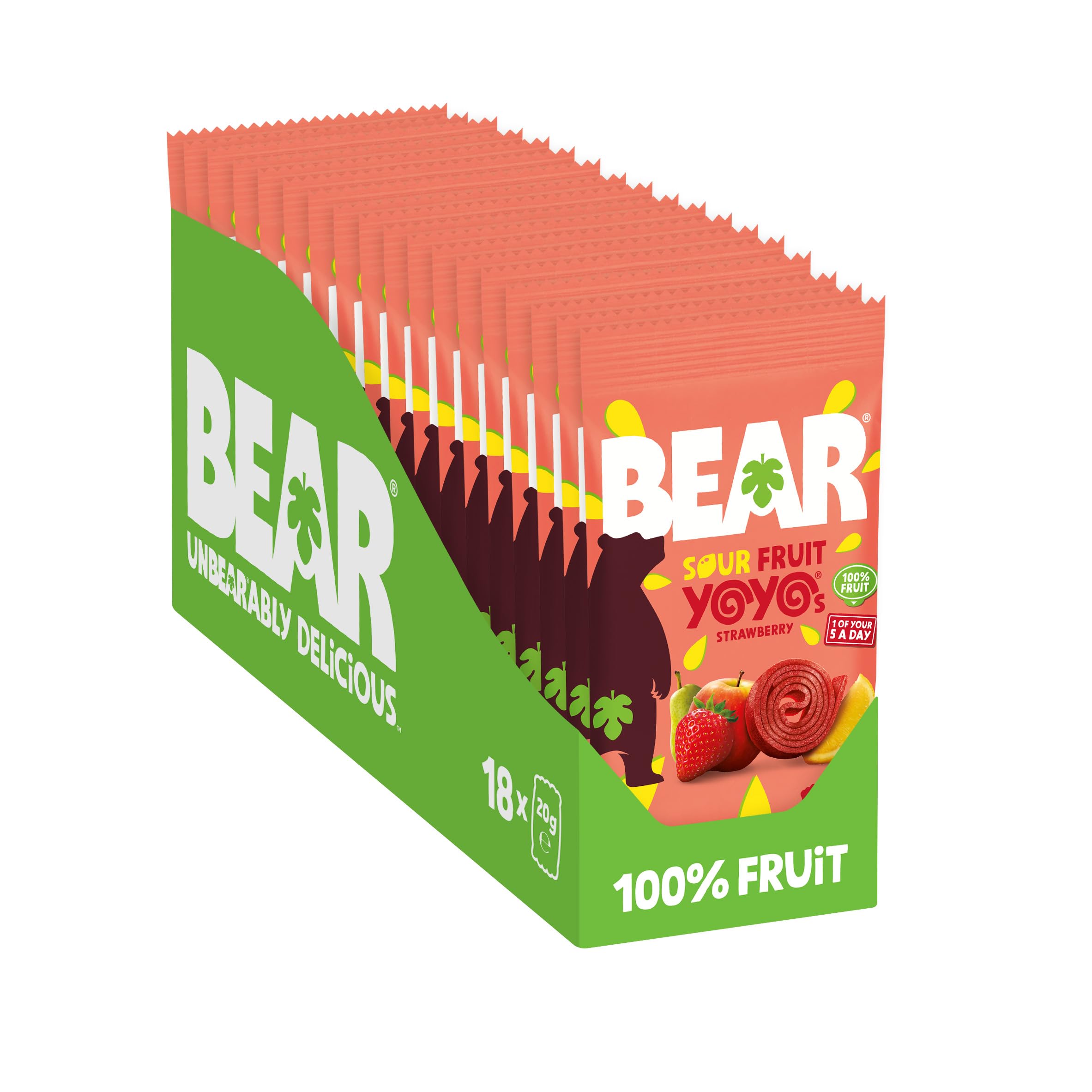 BEAR Super Sour Strawberry & Apple Yoyos - Dried Fruit Rolls - 18 Packs (360g Total) 1