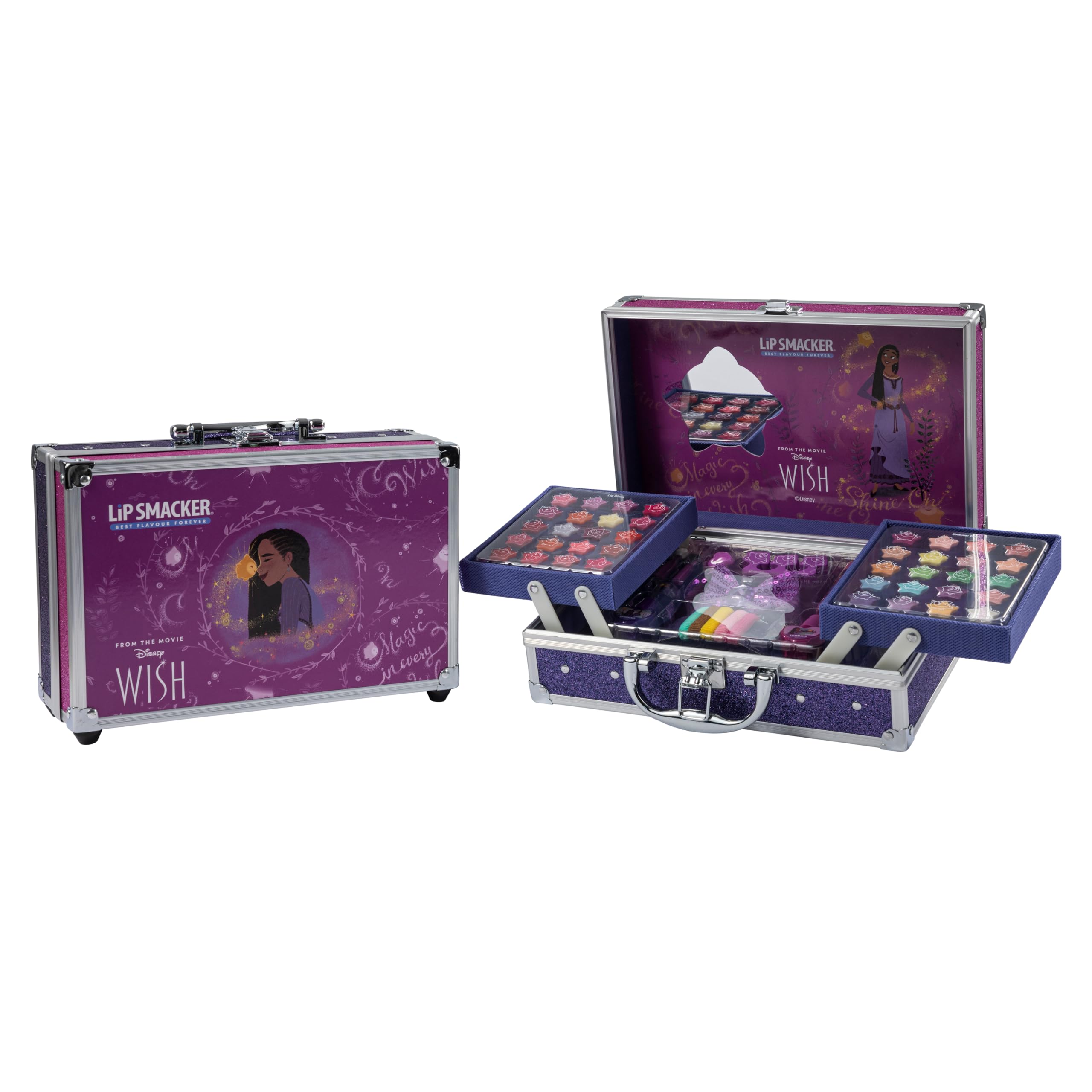 Lip Smacker Disney Wish Makeup Traincase for Kids, Multicolor Plastic Cosmetic Case with 20 Lip Glosses, 20 Eyeshadows, 2 Nail Polishes & Accessories 11