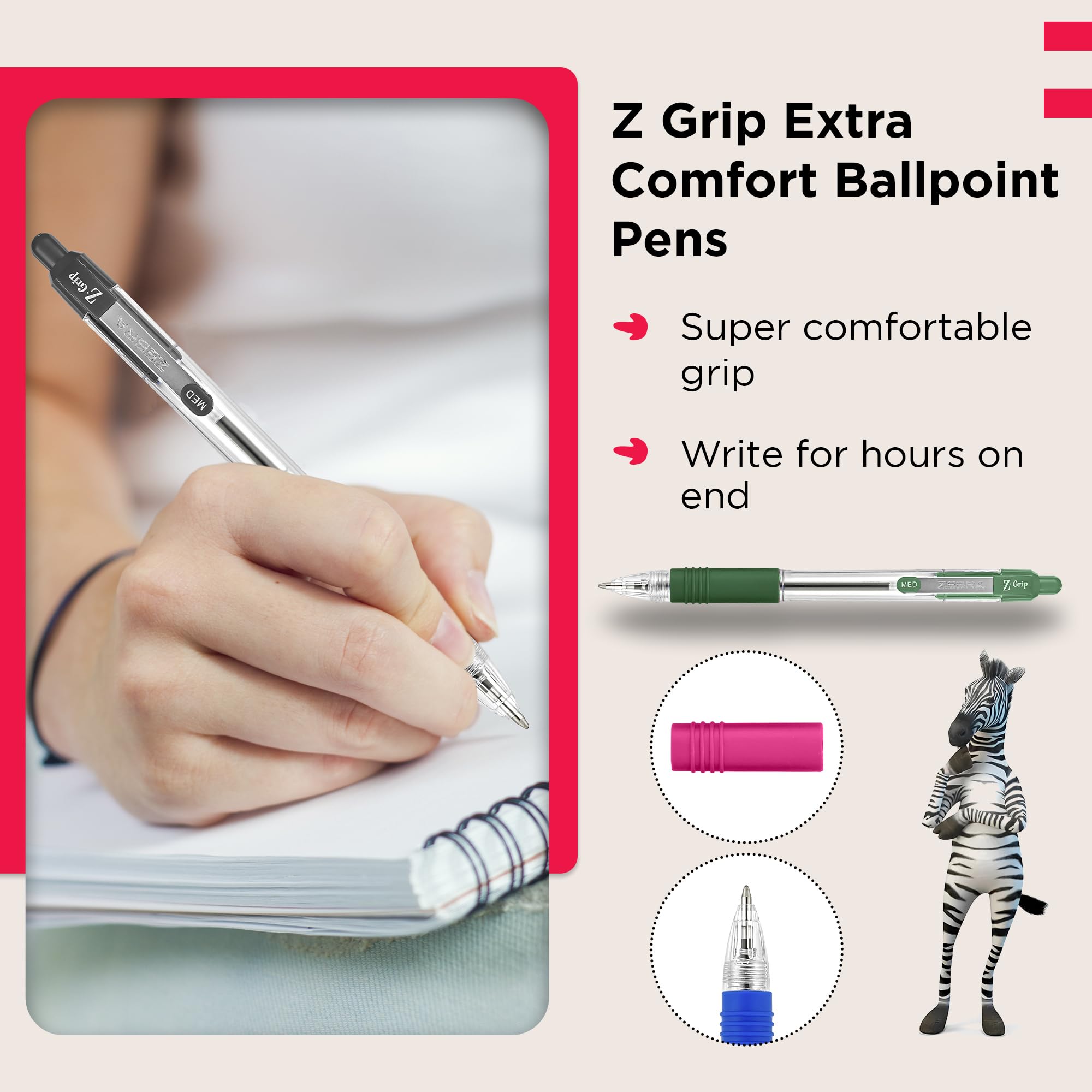 Zebra Pen Z Grip Retractable Ballpoint Pens - Assorted Colors, 8 Pack | Medium Point | Soft Ribbed Grip 4