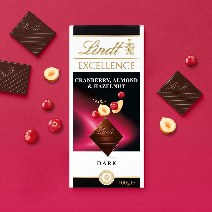 Lindt Excellence Dark Chocolate with Cranberry, Almond & Hazelnut – 100g