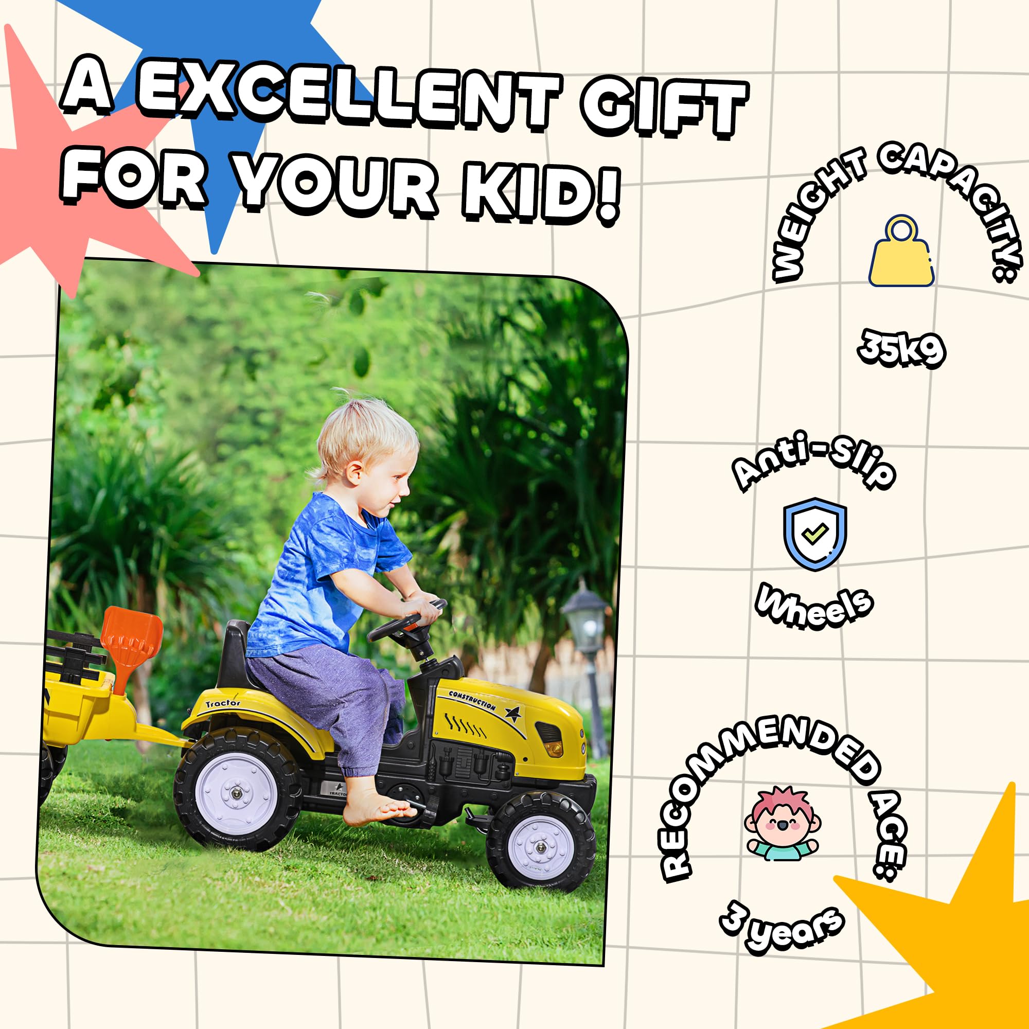 HOMCOM Kids Ride On Tractor with Trailer, Shovel & Rake | Manual Pedal Power | Ages 3+ 6