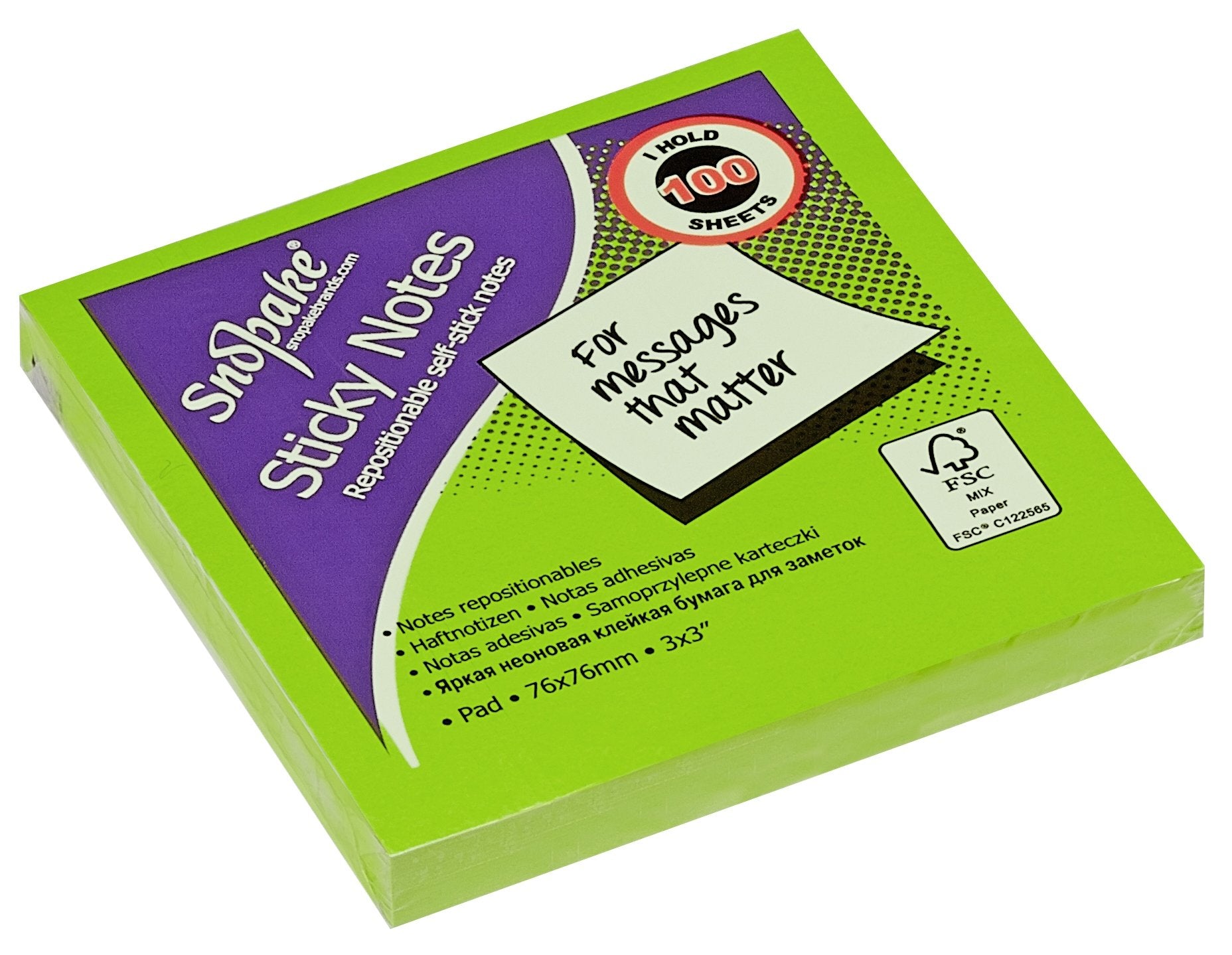 Snopake Neon Assorted Sticky Notes, 100 Sheets per Pad 13527, 76 x 76 mm (P