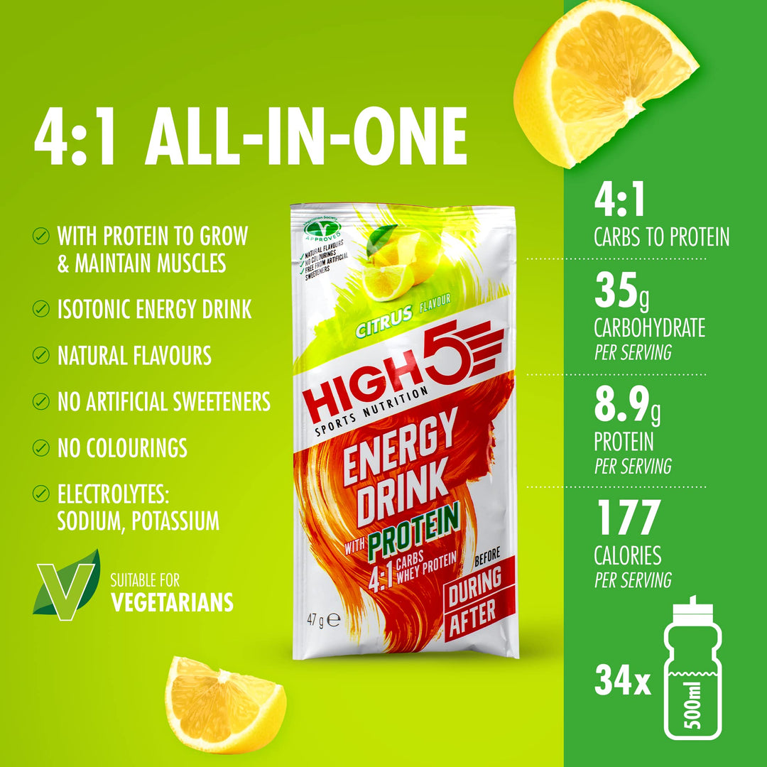 HIGH5 - Energy Drink With Protein Blend of Carbohydrates, Protein & Electrolytes (Citrus, 12 x 47g)