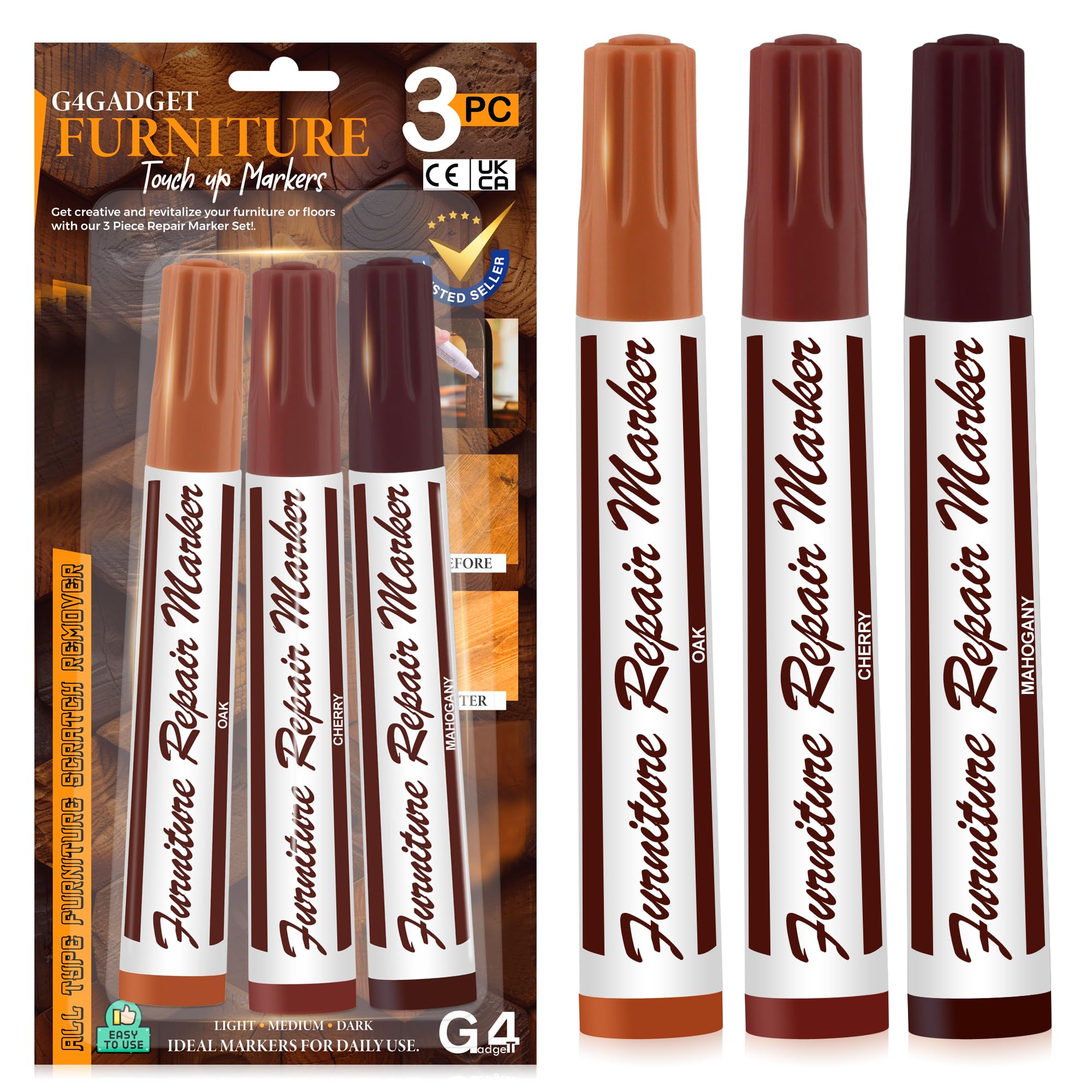 G4GADGET Furniture Touch-Up Markers - 3 Pack Wood Repair Pens for Scratches | Quick-Drying Ink