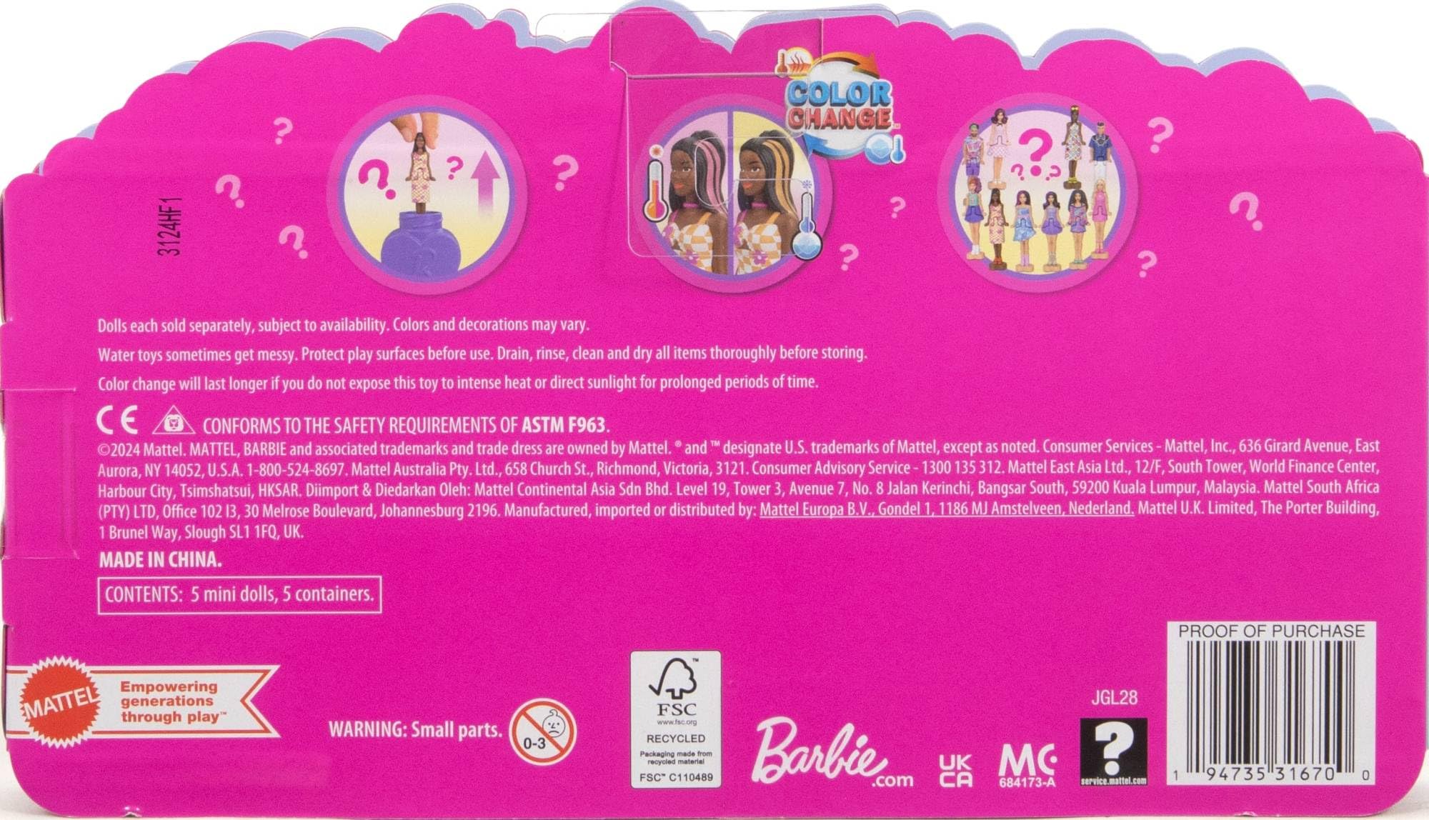 Mini Barbie Land 5-Pack Fashionistas Dolls - Surprise Color-Changing Playset for Kids 4