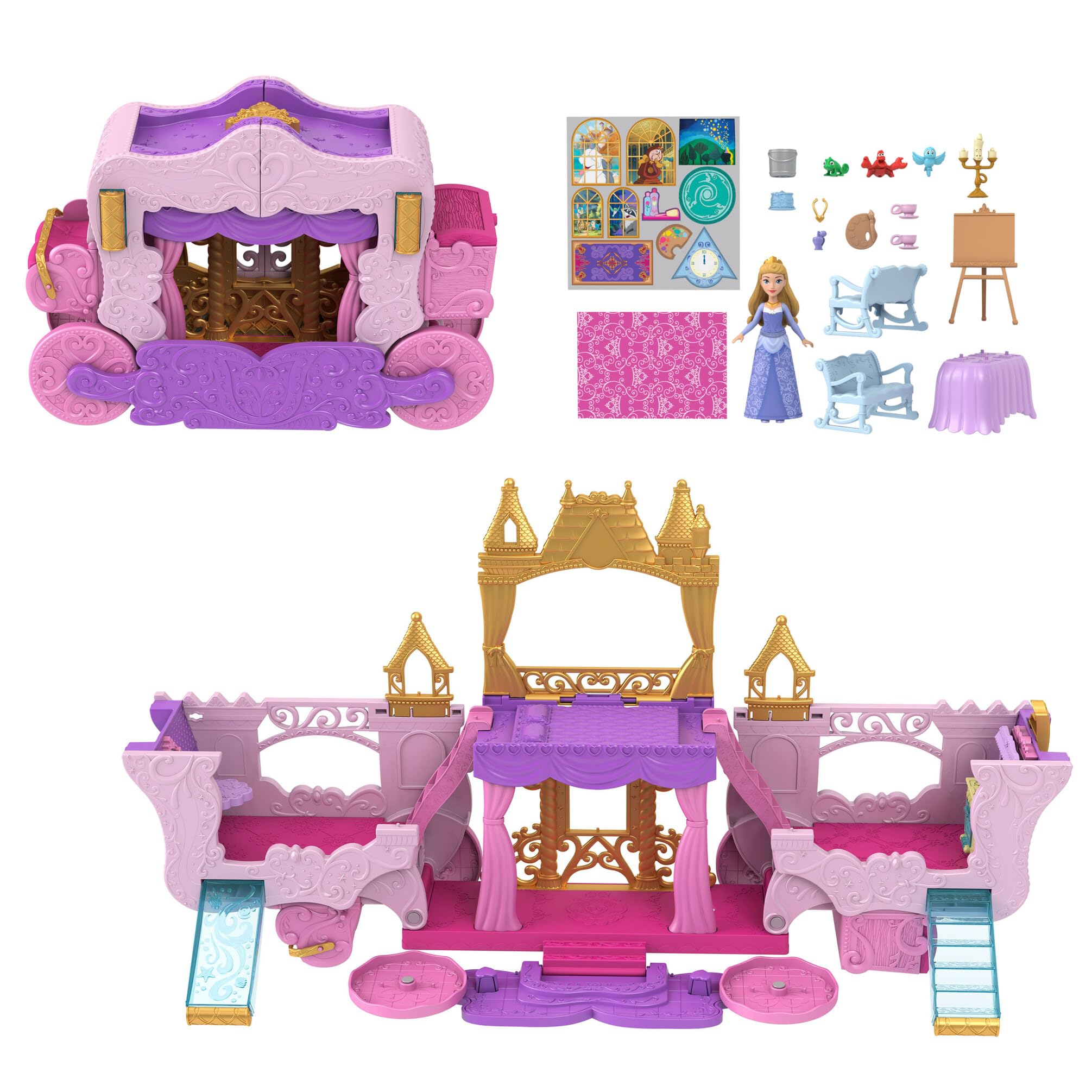 Mattel Disney Princess Carriage to Castle Transforming Playset with Aurora Doll, 3 Levels, 6 Play Areas, HWX17 1