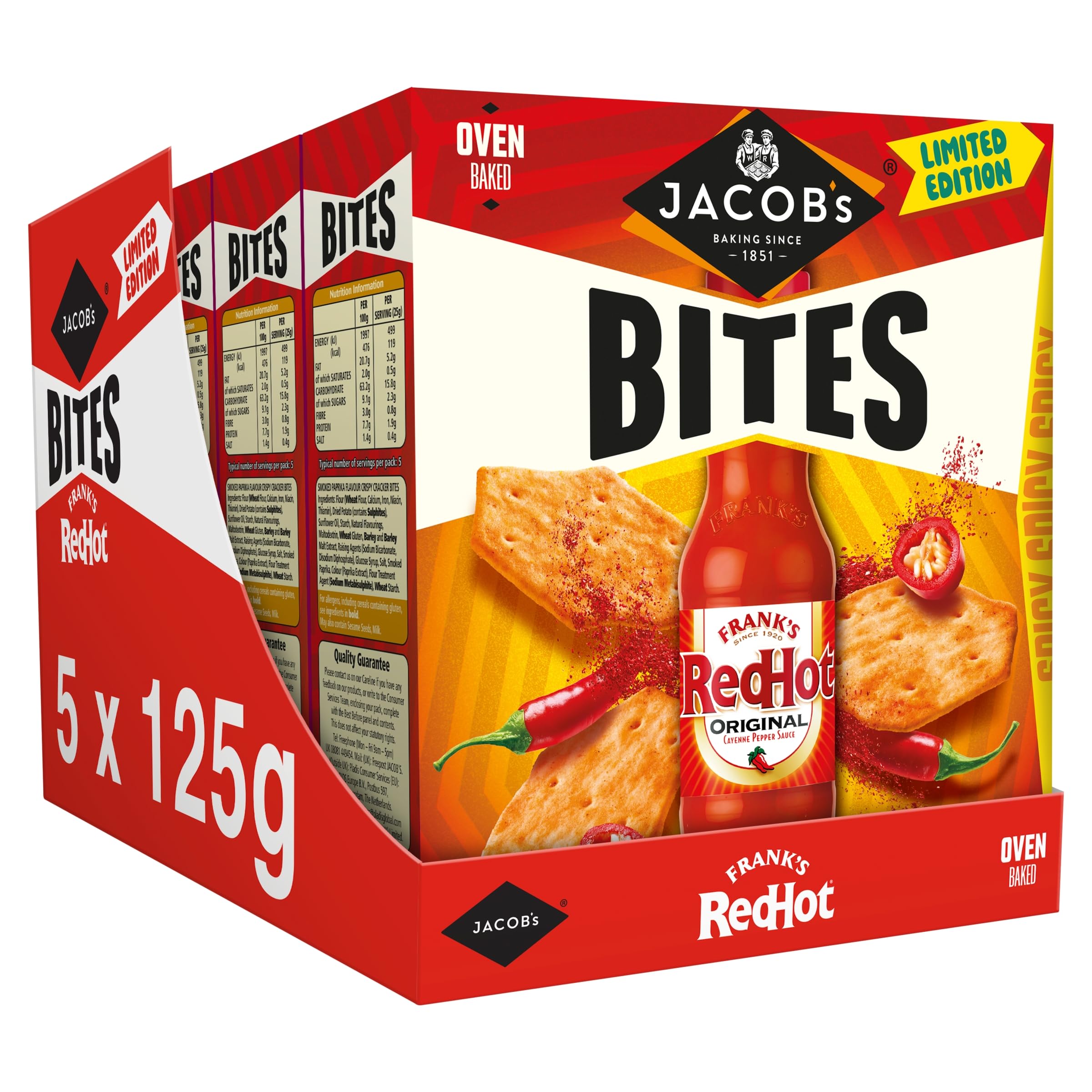 Jacob's Bites Franks RedHot Original Crackers, 125g (Pack of 5)