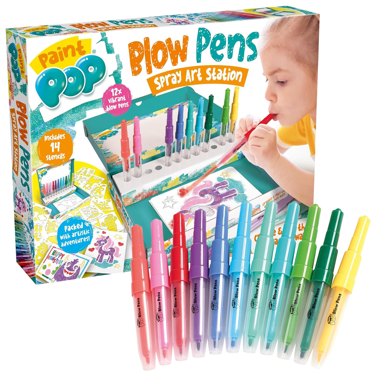 Paint Pop Blow Pens Spray Art Station - 12 Pens, 16 Stencils